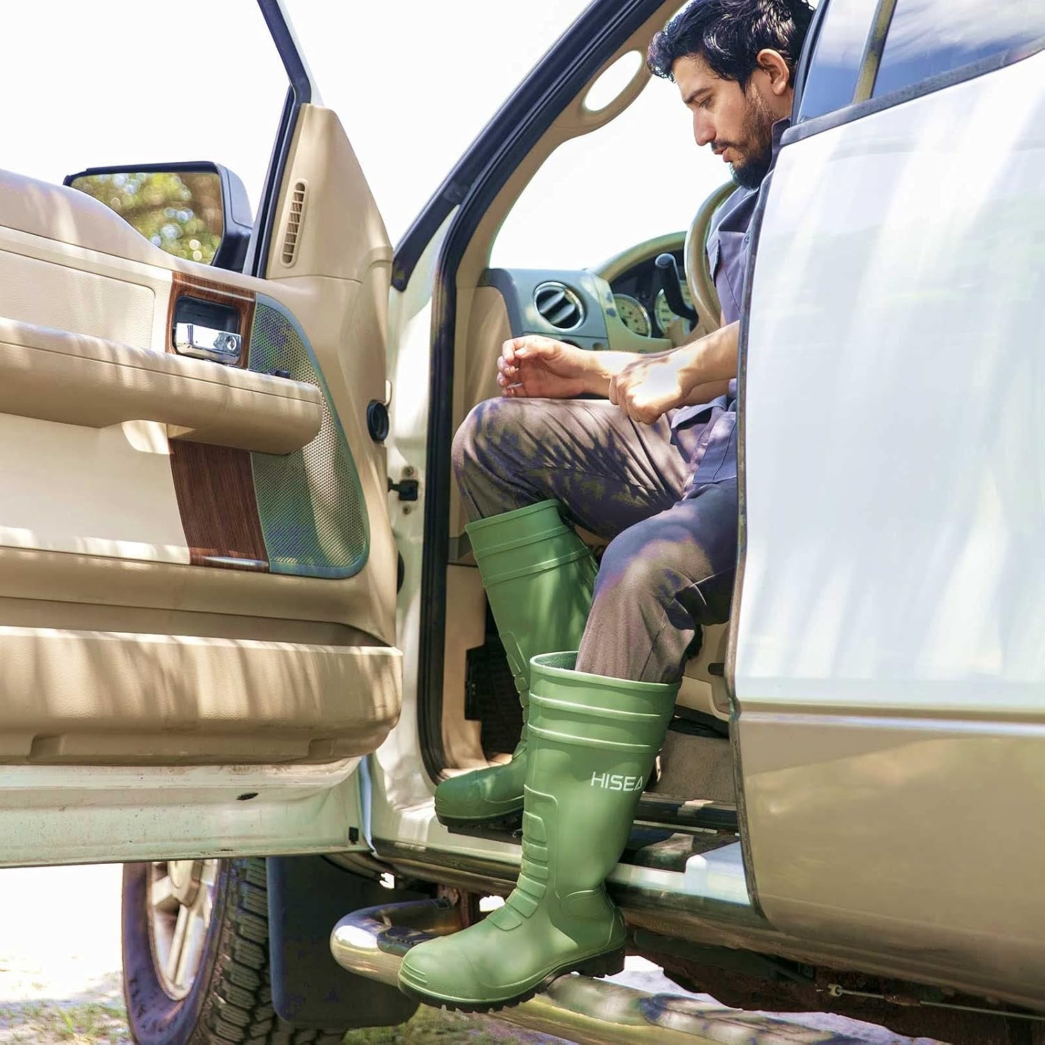 image:imageHISEA Mens Steel Toe Rain Boots PVC Rubber Boots Waterproof Garden Fishing Outdoor Work Boots Durable Slip Resistant Knee Boots for Agriculture and Industrial WorkingGreen