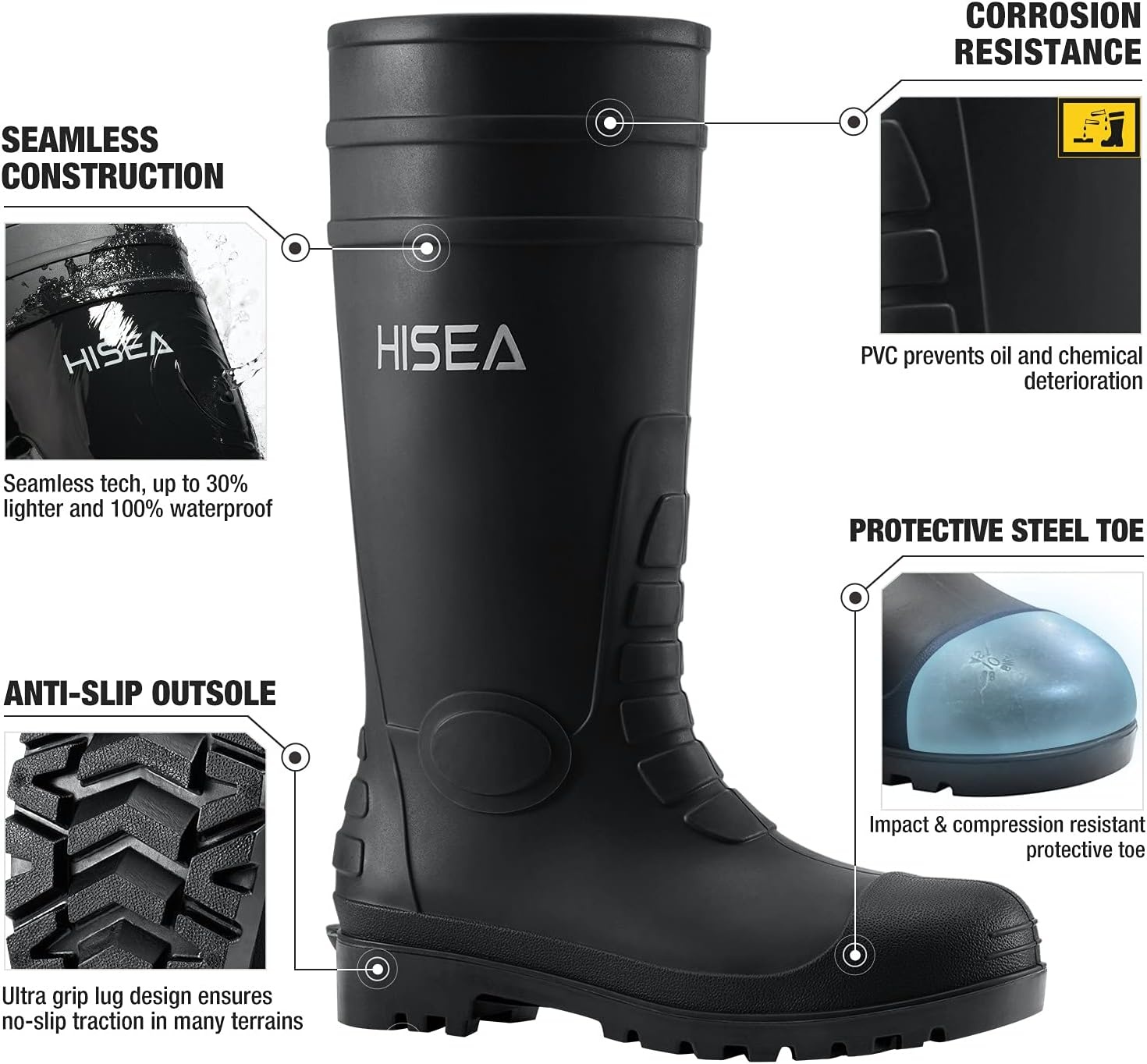 image:imageHISEA Mens Steel Toe Rain Boots PVC Rubber Boots Waterproof Garden Fishing Outdoor Work Boots Durable Slip Resistant Knee Boots for Agriculture and Industrial WorkingBlack
