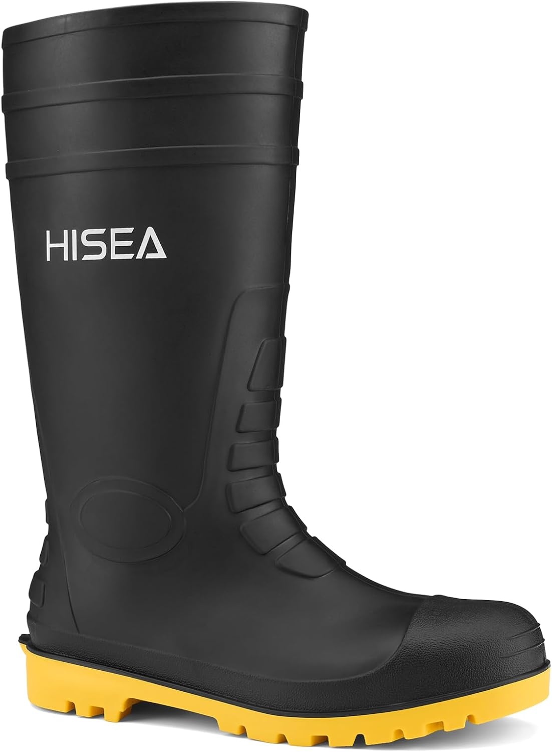 image:imageHISEA Mens Steel Toe Rain Boots PVC Rubber Boots Waterproof Garden Fishing Outdoor Work Boots Durable Slip Resistant Knee Boots for Agriculture and Industrial WorkingBlackYellow