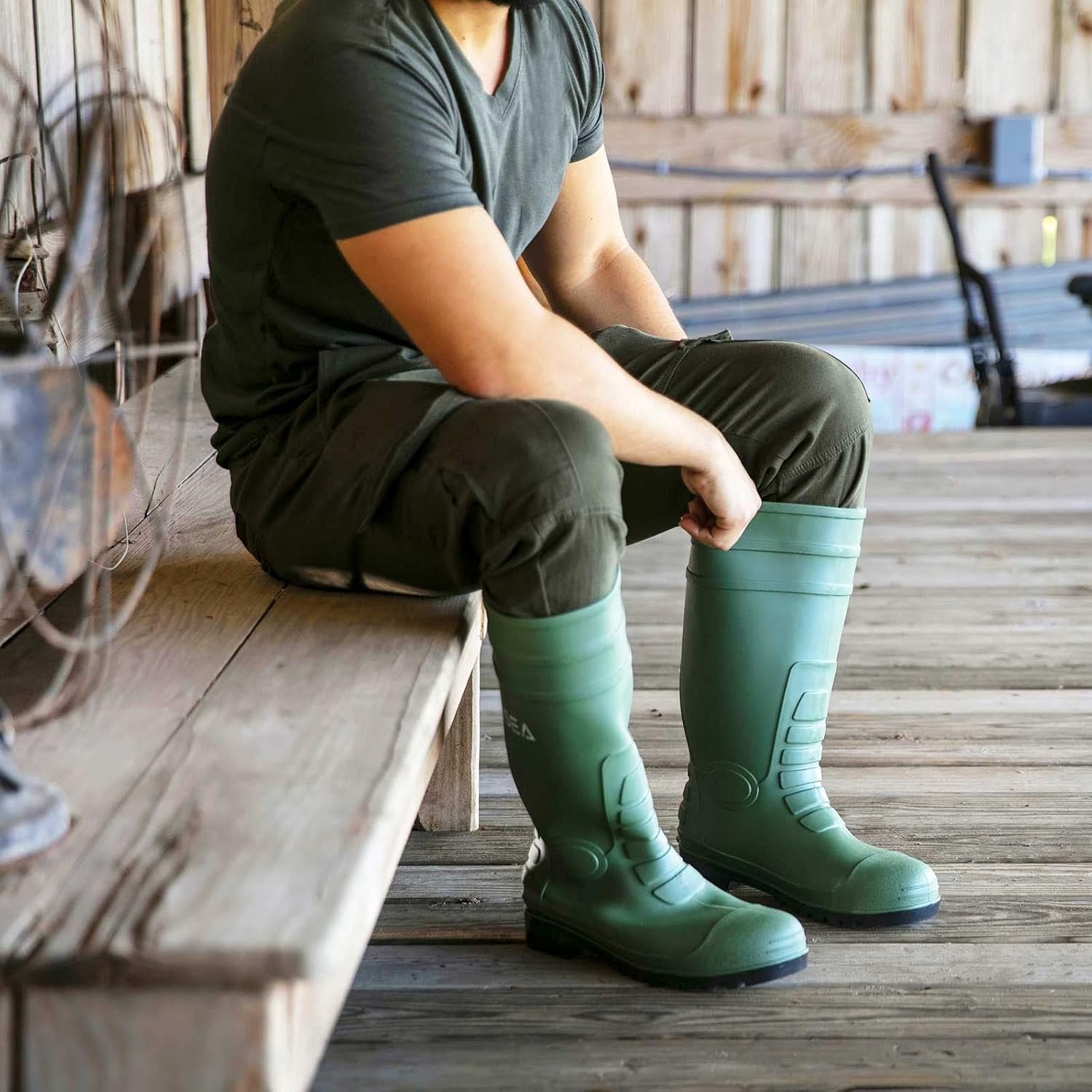 image:imageHISEA Mens Steel Toe Rain Boots PVC Rubber Boots Waterproof Garden Fishing Outdoor Work Boots Durable Slip Resistant Knee Boots for Agriculture and Industrial WorkingBlue