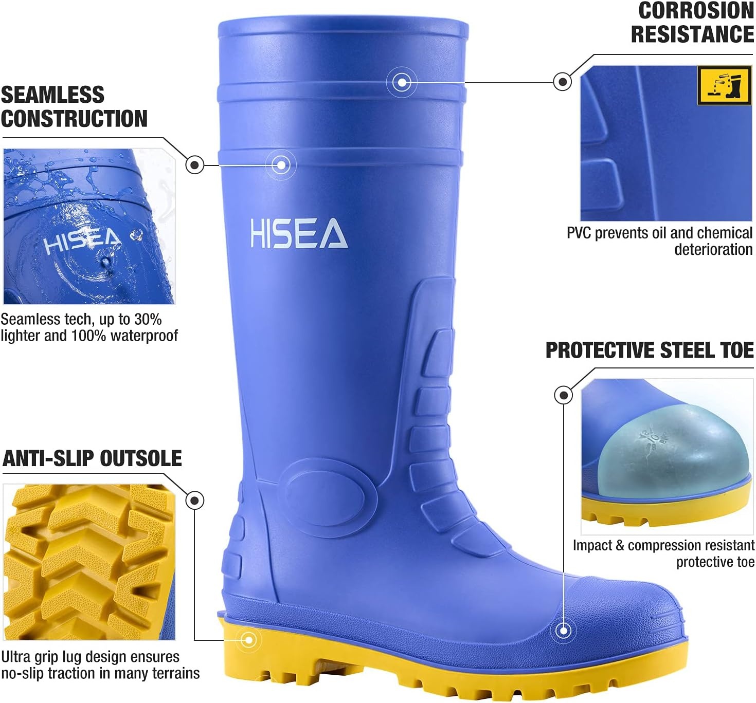 image:imageHISEA Mens Steel Toe Rain Boots PVC Rubber Boots Waterproof Garden Fishing Outdoor Work Boots Durable Slip Resistant Knee Boots for Agriculture and Industrial WorkingBlue