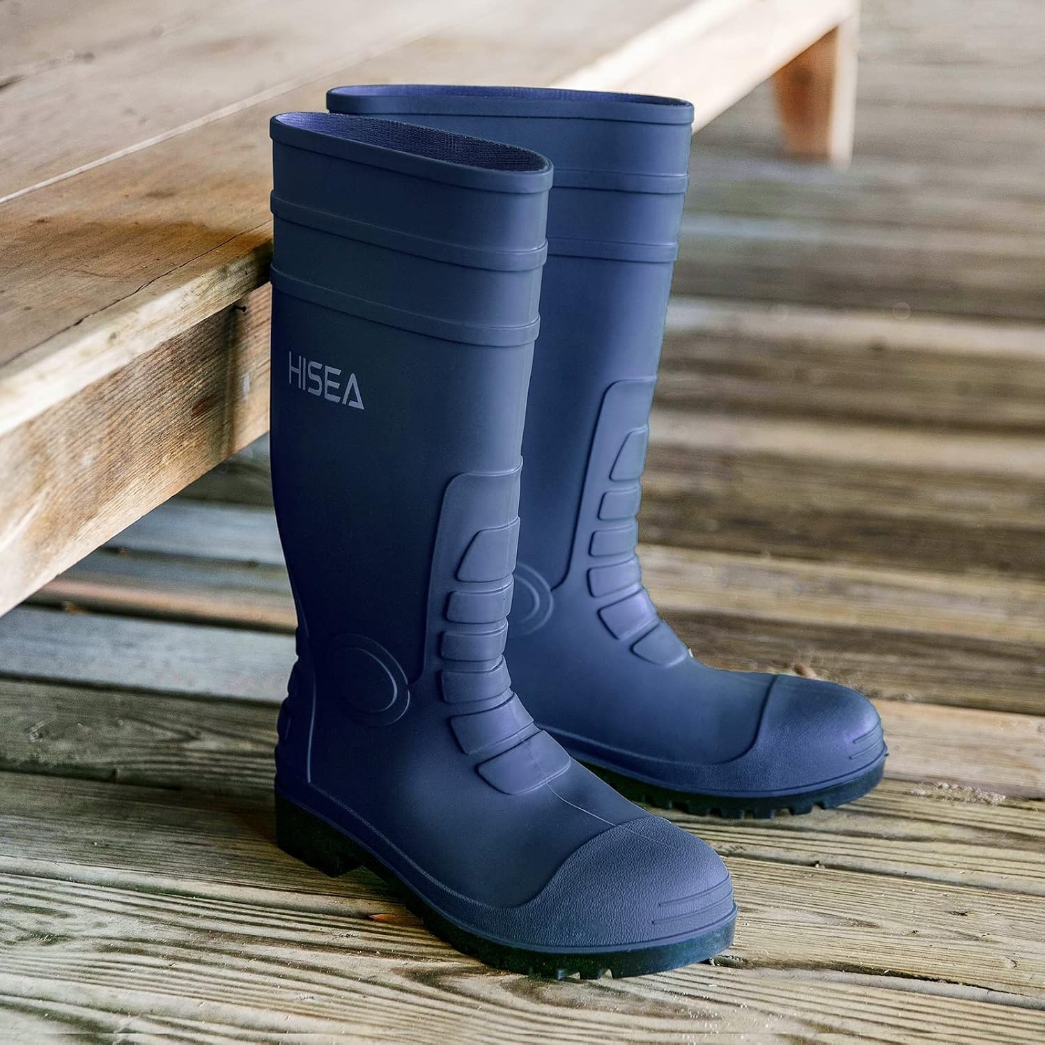 image:imageHISEA Mens Steel Toe Rain Boots PVC Rubber Boots Waterproof Garden Fishing Outdoor Work Boots Durable Slip Resistant Knee Boots for Agriculture and Industrial WorkingNavy Blue