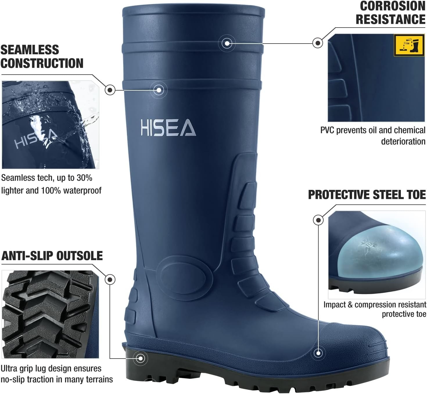 image:imageHISEA Mens Steel Toe Rain Boots PVC Rubber Boots Waterproof Garden Fishing Outdoor Work Boots Durable Slip Resistant Knee Boots for Agriculture and Industrial WorkingNavy Bluewide