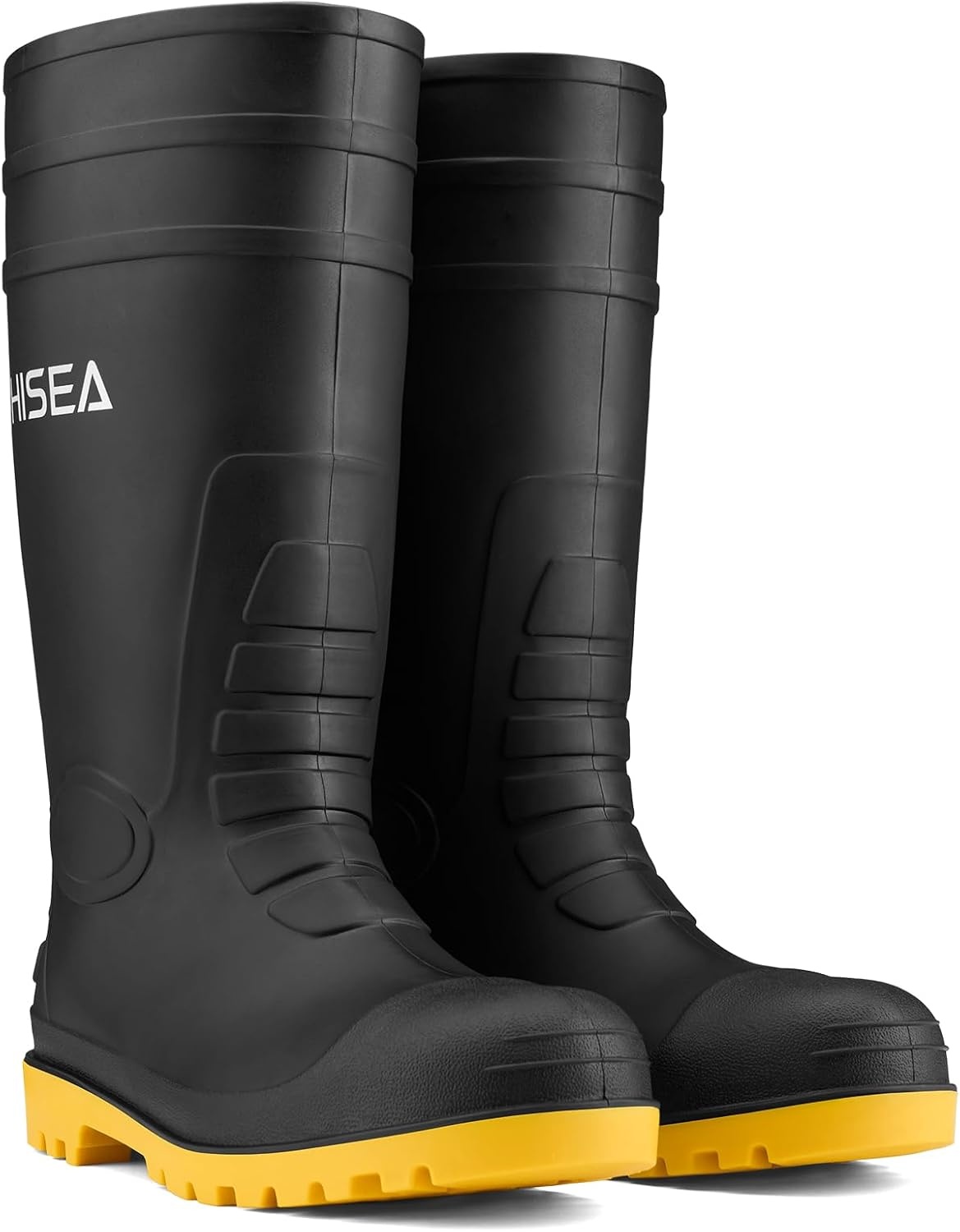 image:imageHISEA Mens Steel Toe Rain Boots PVC Rubber Boots Waterproof Garden Fishing Outdoor Work Boots Durable Slip Resistant Knee Boots for Agriculture and Industrial WorkingBlackYellow