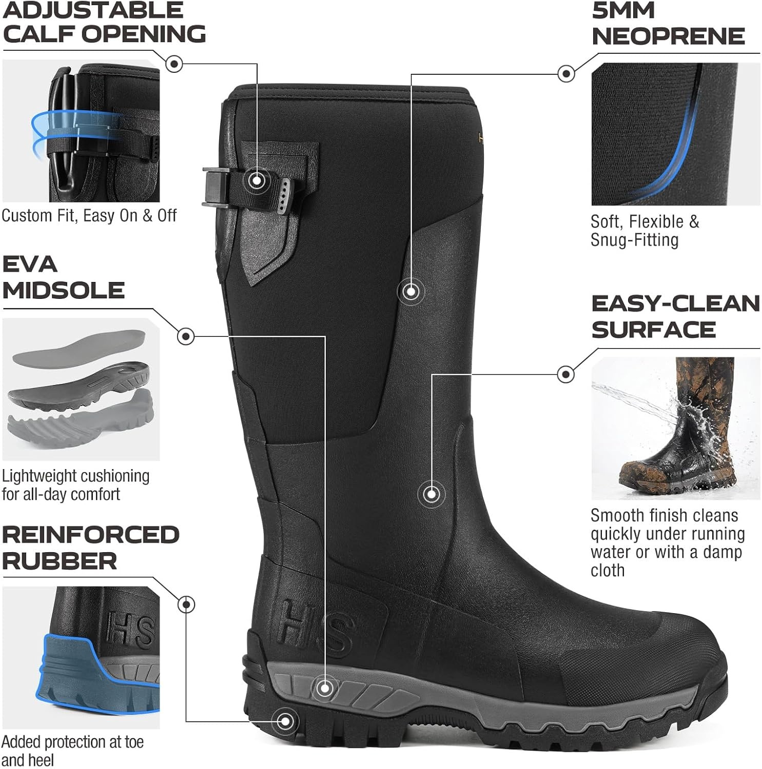 image:imageHISEA Mens Tall Boot with Arctic Ice Grip Waterproof Rubber Rain Boots Insulated Neoprene Warm Mud Boots for Outdoor Work HuntingBlack