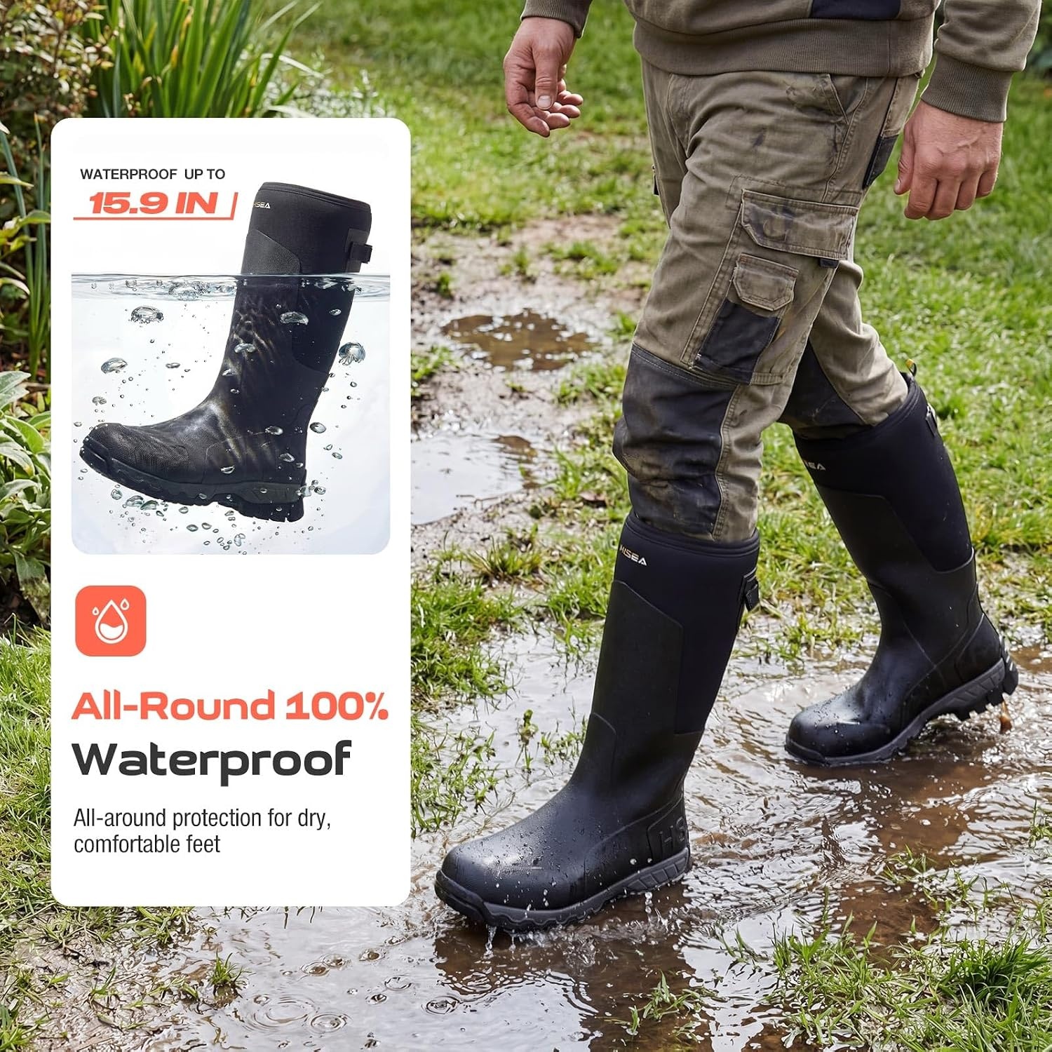 image:imageHISEA Mens Tall Boot with Arctic Ice Grip Waterproof Rubber Rain Boots Insulated Neoprene Warm Mud Boots for Outdoor Work HuntingBlack