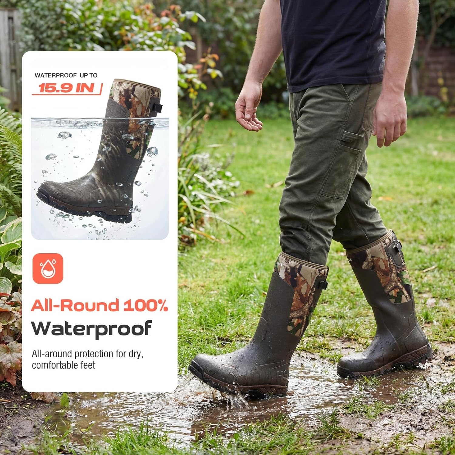image:imageHISEA Mens Tall Boot with Arctic Ice Grip Waterproof Rubber Rain Boots Insulated Neoprene Warm Mud Boots for Outdoor Work HuntingCamo