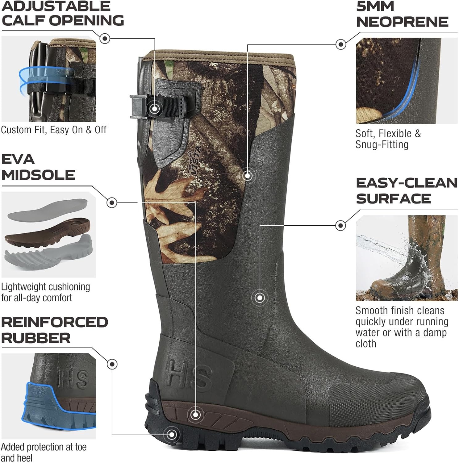 image:imageHISEA Mens Tall Boot with Arctic Ice Grip Waterproof Rubber Rain Boots Insulated Neoprene Warm Mud Boots for Outdoor Work HuntingCamo