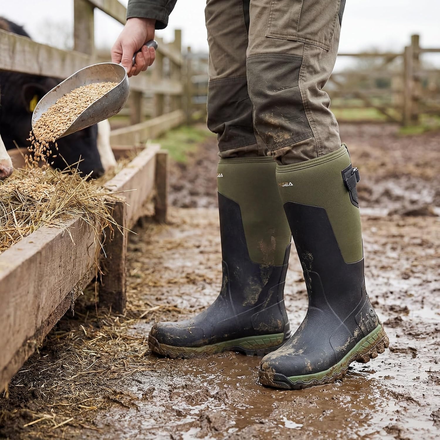 image:imageHISEA Mens Tall Boot with Arctic Ice Grip Waterproof Rubber Rain Boots Insulated Neoprene Warm Mud Boots for Outdoor Work HuntingGreen