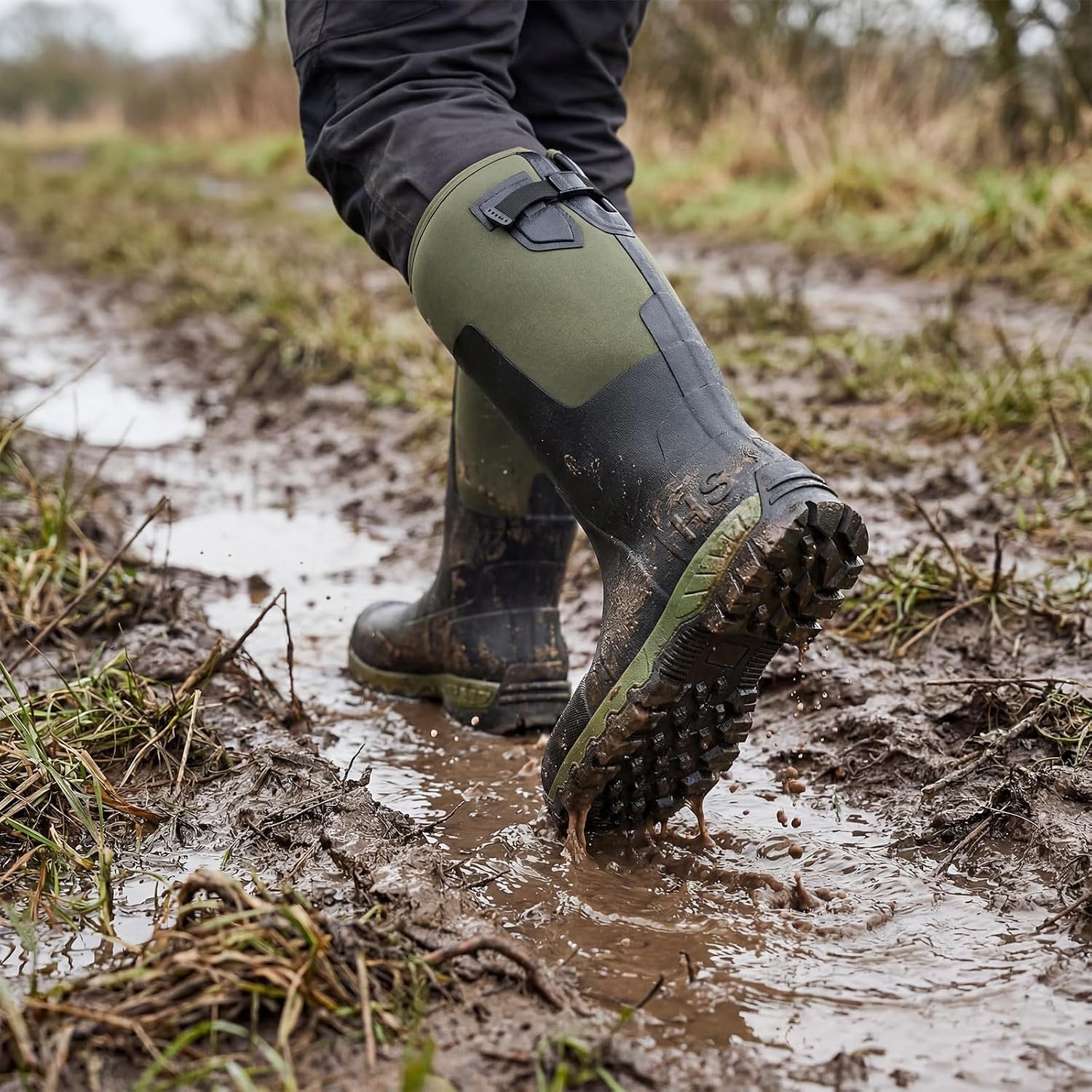 image:imageHISEA Mens Tall Boot with Arctic Ice Grip Waterproof Rubber Rain Boots Insulated Neoprene Warm Mud Boots for Outdoor Work HuntingGreen