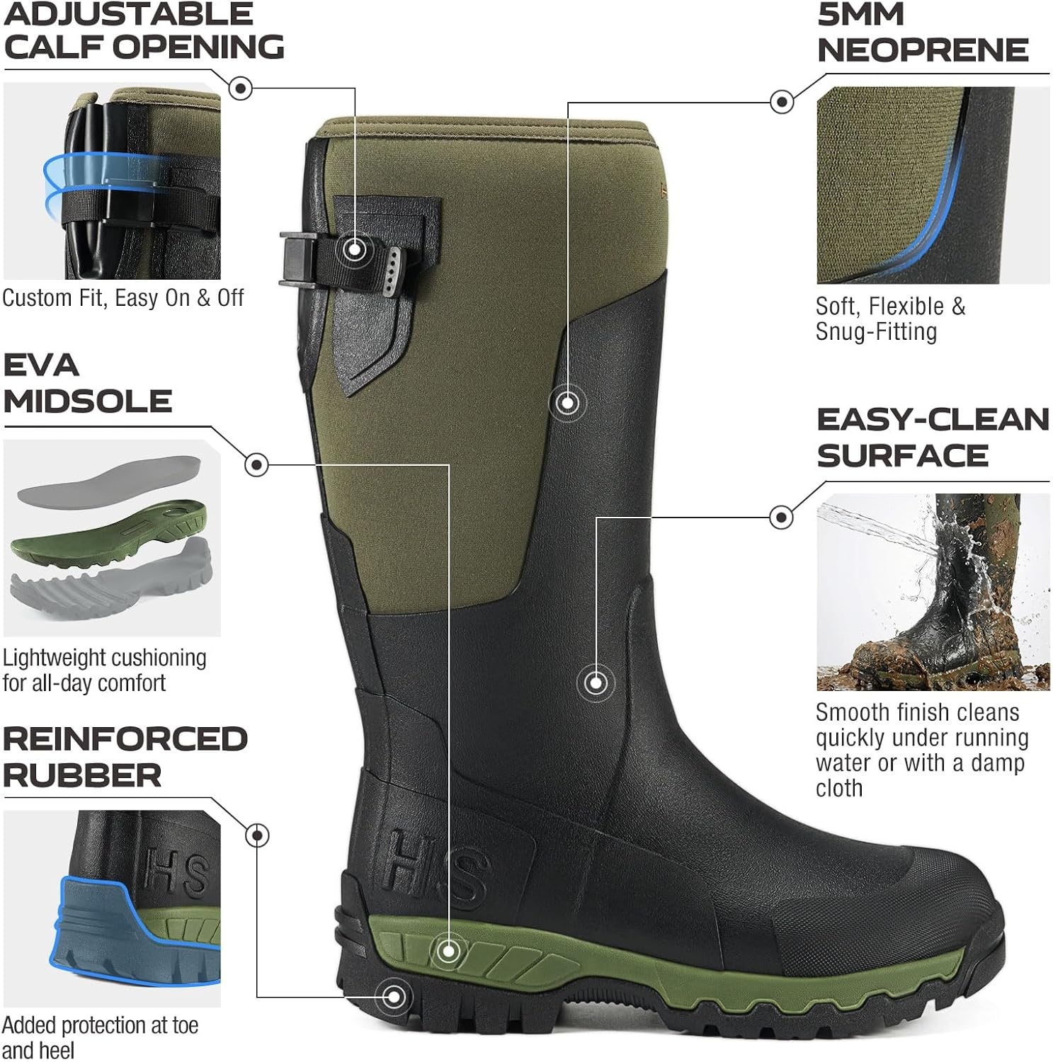 image:imageHISEA Mens Tall Boot with Arctic Ice Grip Waterproof Rubber Rain Boots Insulated Neoprene Warm Mud Boots for Outdoor Work HuntingGreen