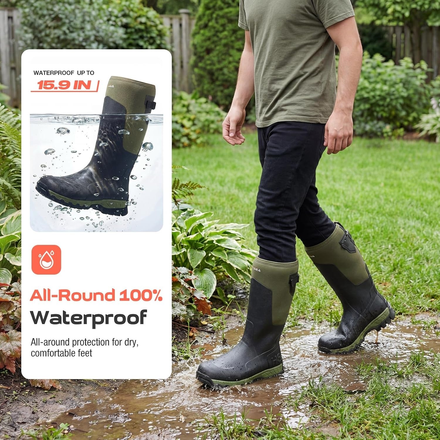 image:imageHISEA Mens Tall Boot with Arctic Ice Grip Waterproof Rubber Rain Boots Insulated Neoprene Warm Mud Boots for Outdoor Work HuntingGreen