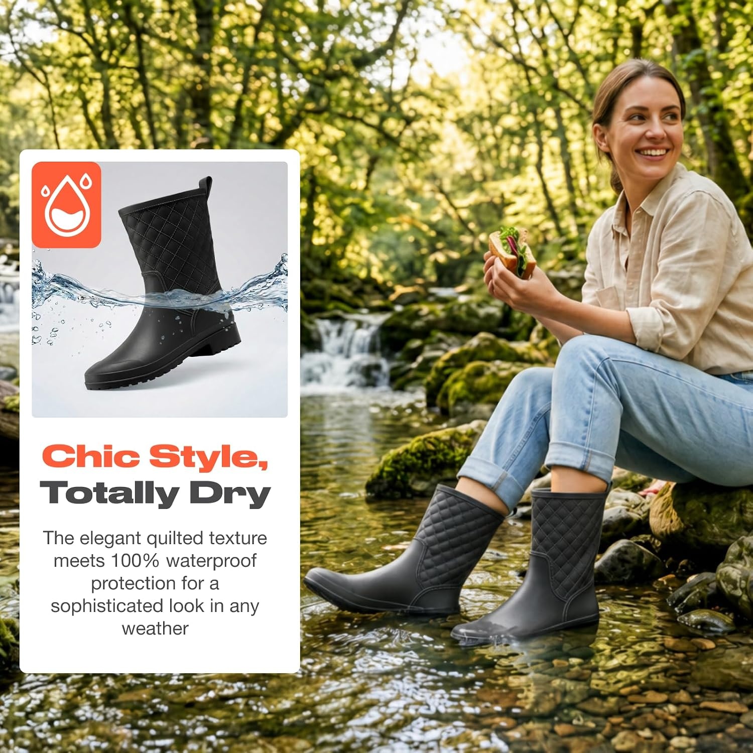 image:imageHISEA Rain Boots for Women Lightweight Fashion Rubber Boots Mid Height Waterproof Garden Shoes Womens Rain FootwearBlack