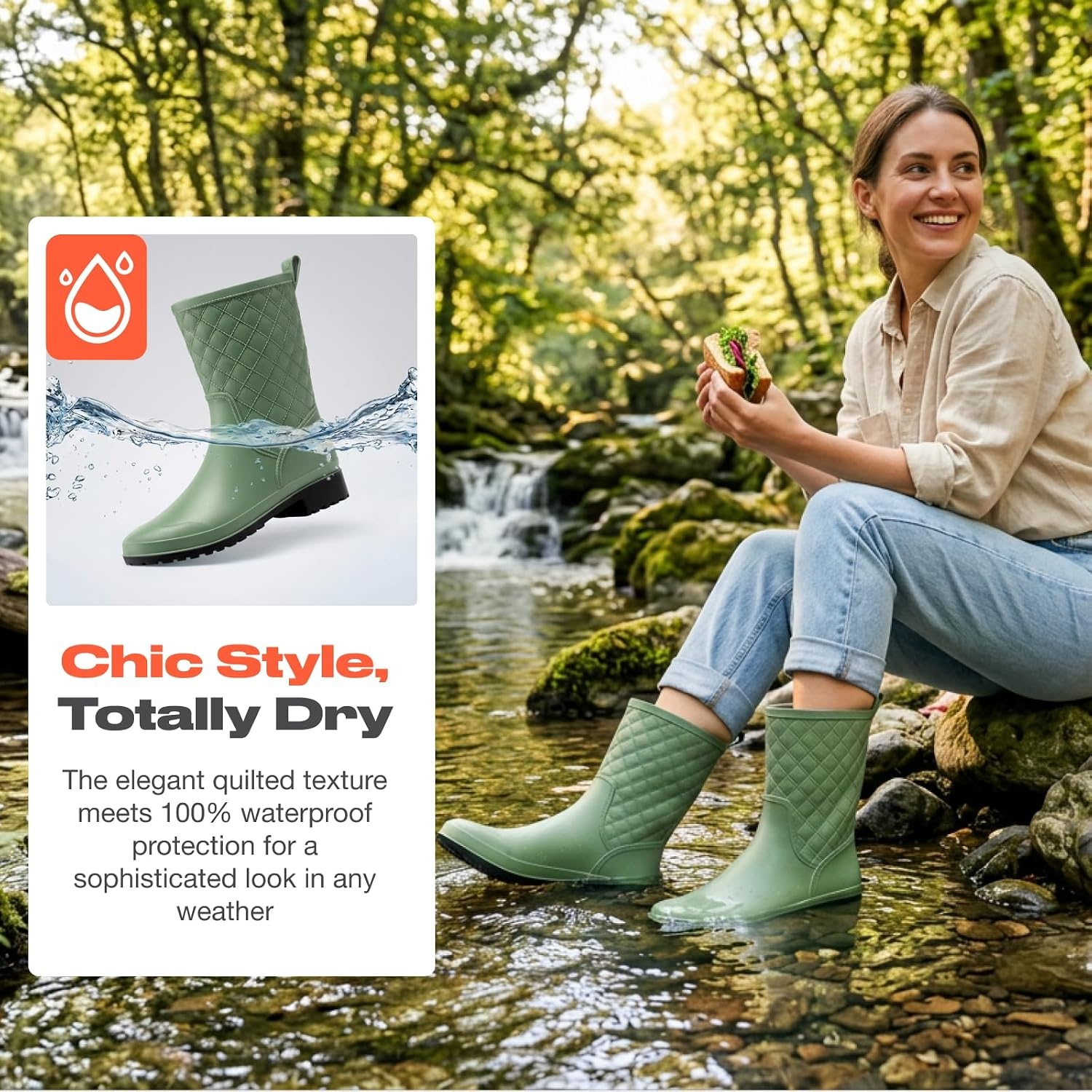 image:imageHISEA Rain Boots for Women Lightweight Fashion Rubber Boots Mid Height Waterproof Garden Shoes Womens Rain FootwearGreen