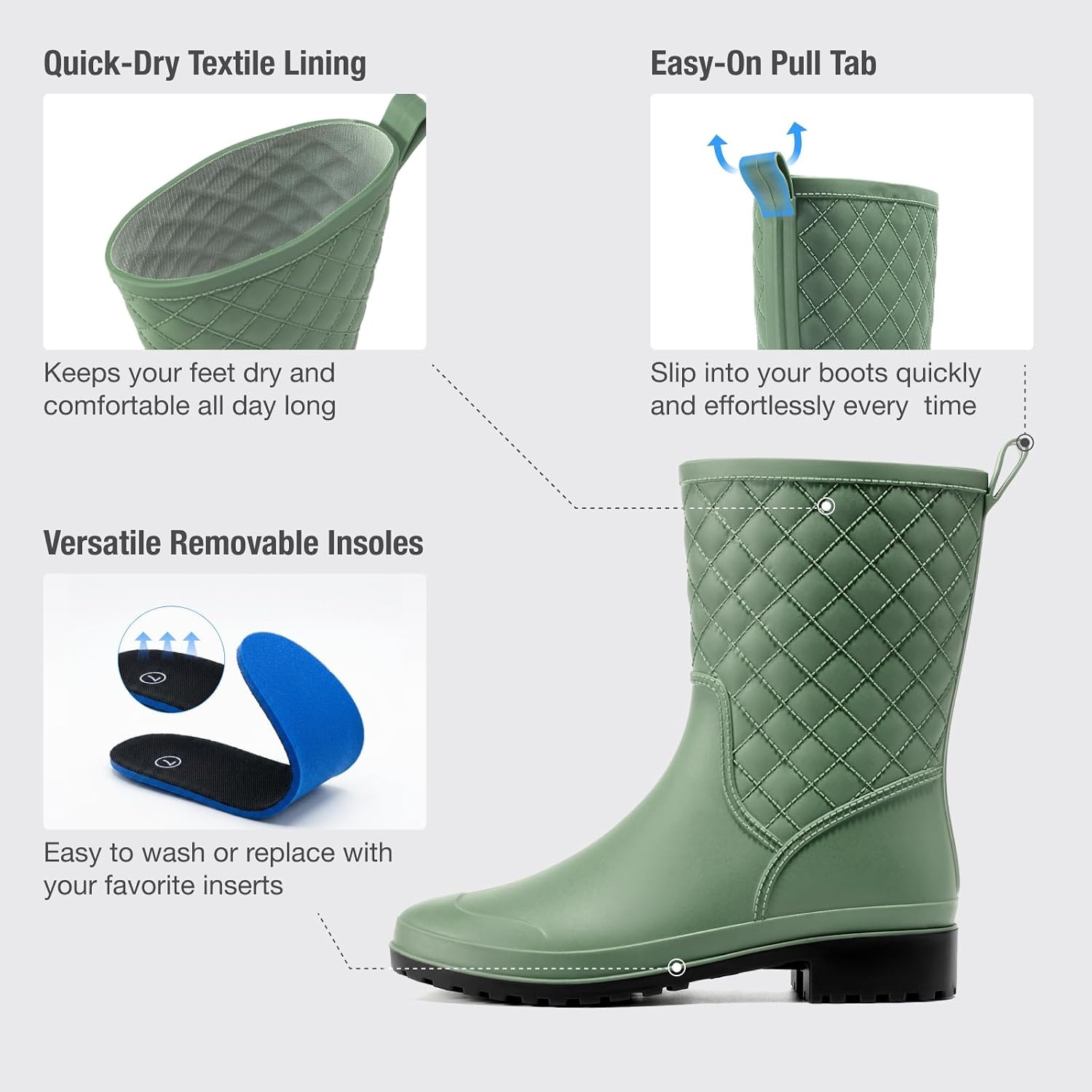 image:imageHISEA Rain Boots for Women Lightweight Fashion Rubber Boots Mid Height Waterproof Garden Shoes Womens Rain FootwearGreen