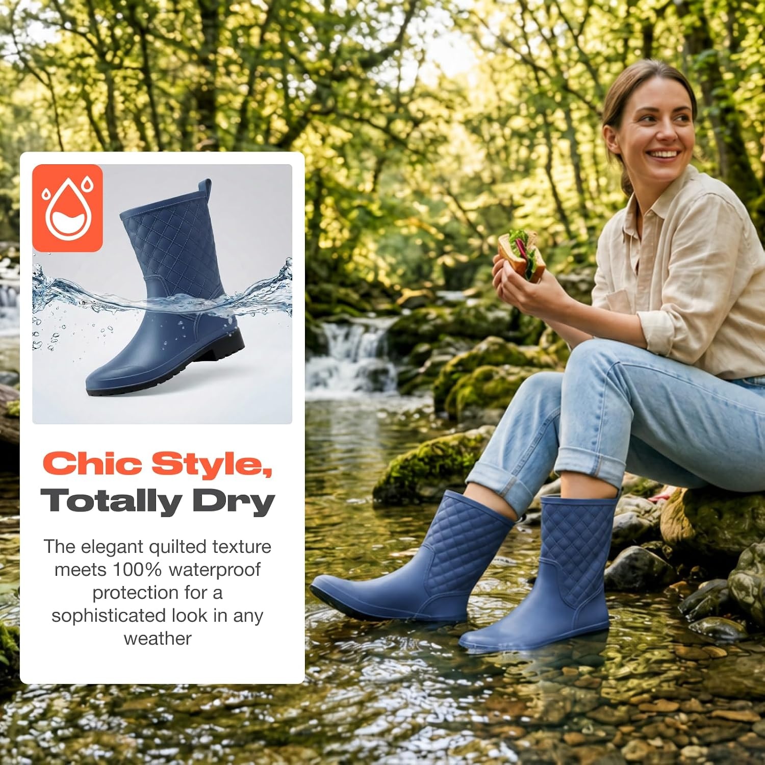 image:imageHISEA Rain Boots for Women Lightweight Fashion Rubber Boots Mid Height Waterproof Garden Shoes Womens Rain FootwearNavy