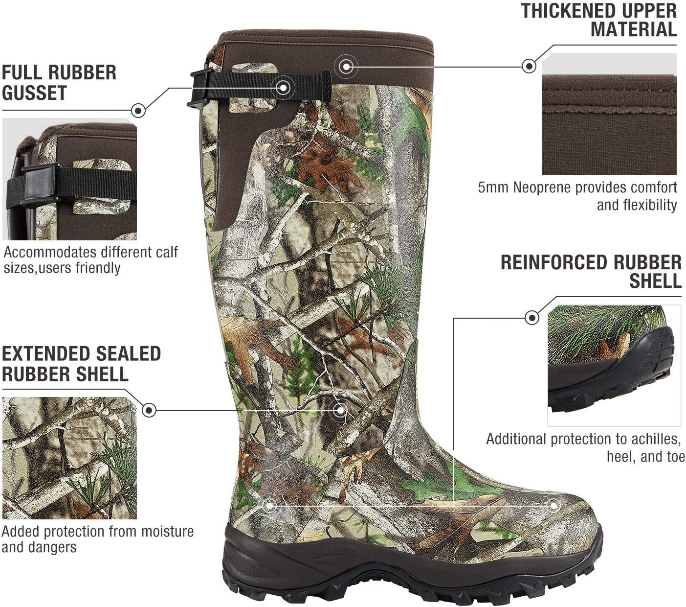 image:imageHISEA Rubber Hunting Boots Tall Warm Neoprene Waterproof Insulated Basic Hunting Boots Mens Adjustable Winter Boots Durable Slip Resistant Outdoor Hunting Fishing Working Boots for MenCamo Vista