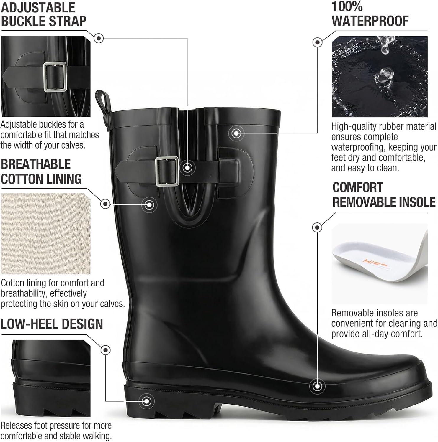 image:imageHISEA Rubber MidCalf Rain Boots for Women Waterproof Insulated AntiSlip Mud Boots Cute Fashion Chelsea Garden Boots For AdultBlack