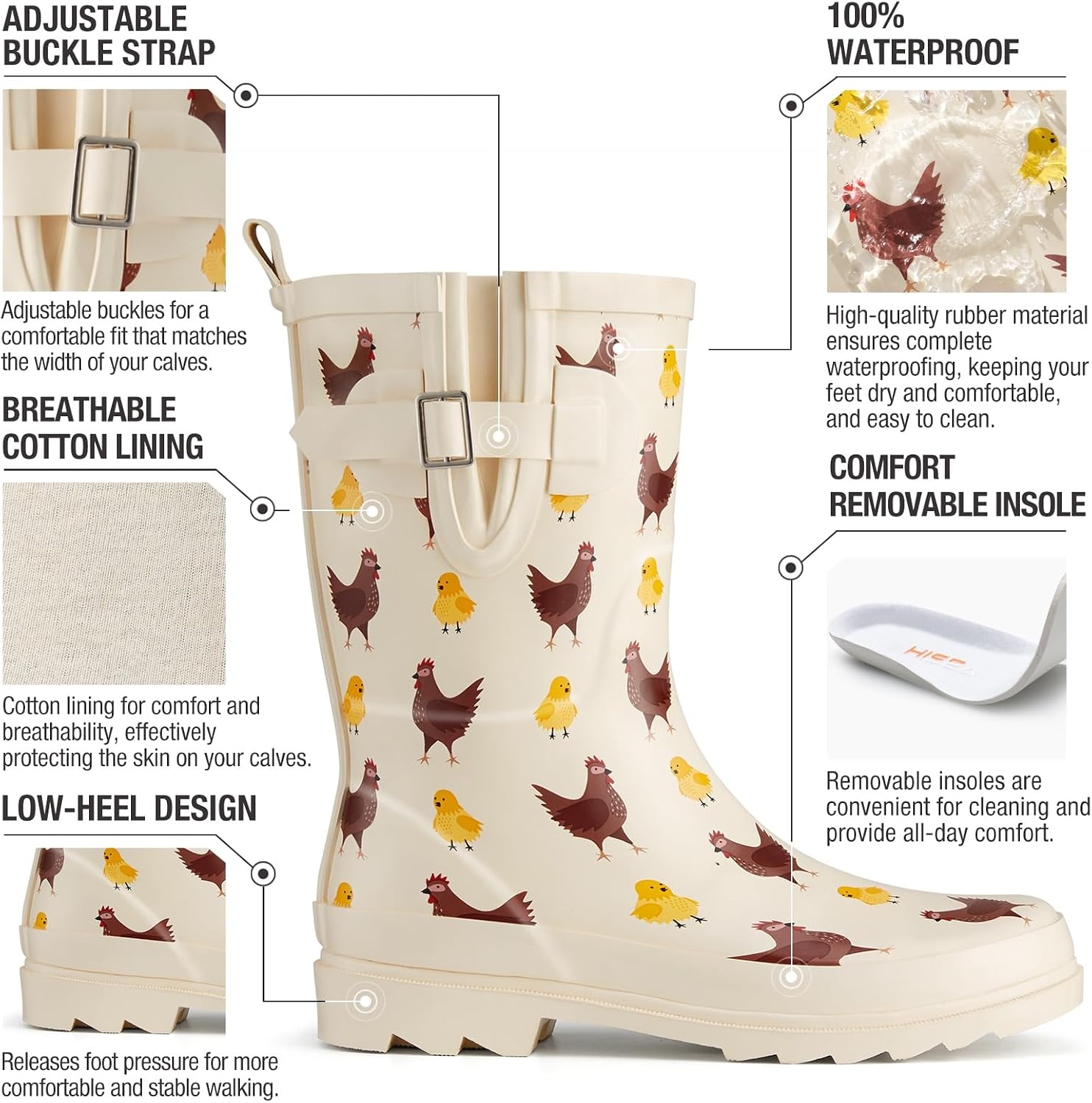 image:imageHISEA Rubber MidCalf Rain Boots for Women Waterproof Insulated AntiSlip Mud Boots Cute Fashion Chelsea Garden Boots For AdultChickens Yellow