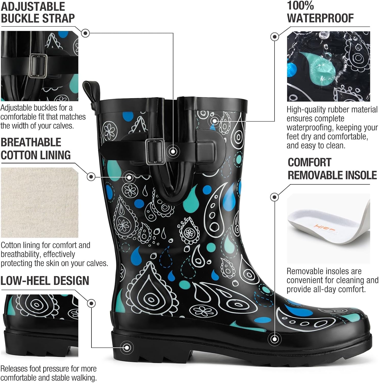 image:imageHISEA Rubber MidCalf Rain Boots for Women Waterproof Insulated AntiSlip Mud Boots Cute Fashion Chelsea Garden Boots For AdultClassic Paisley