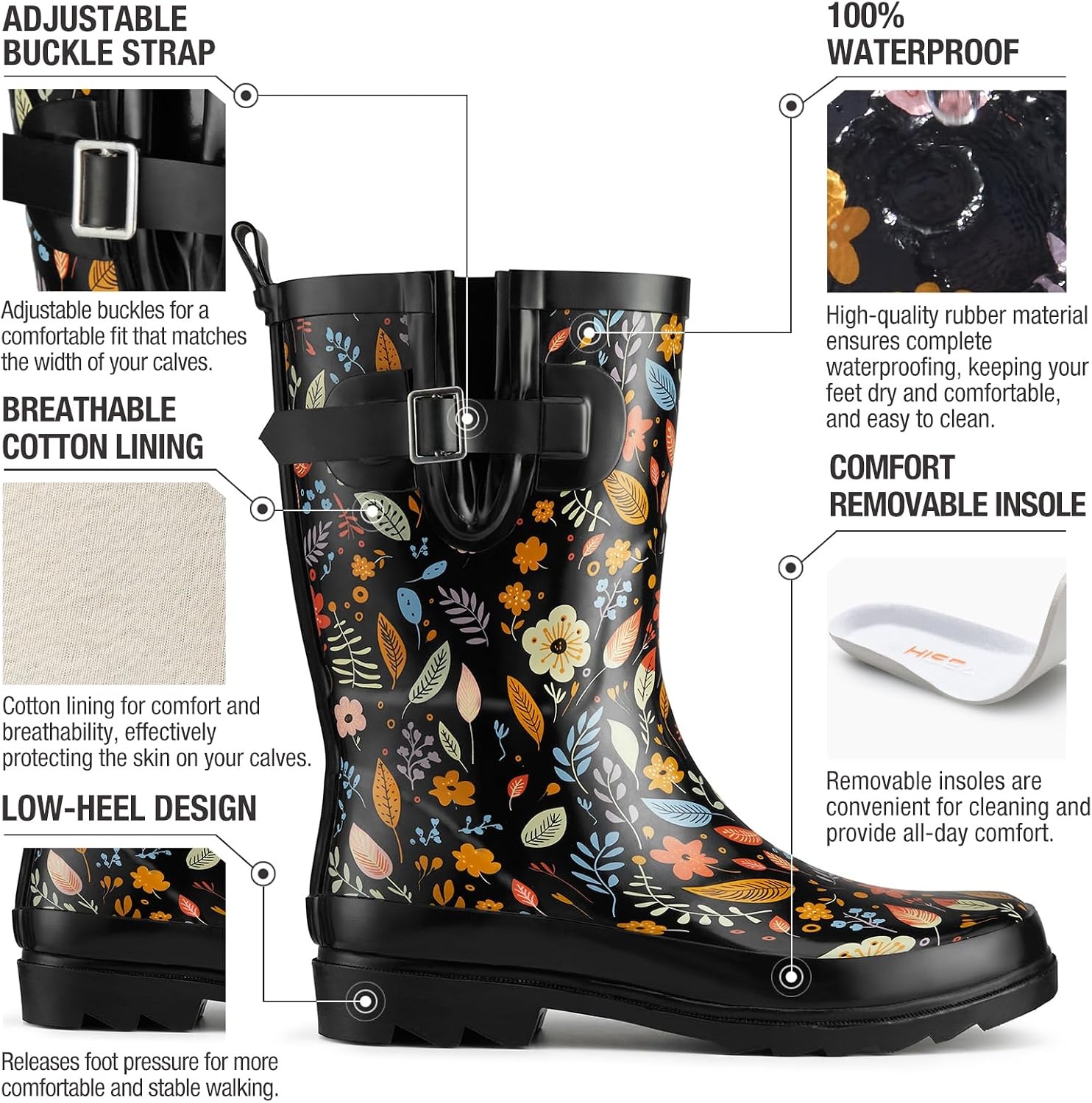 image:imageHISEA Rubber MidCalf Rain Boots for Women Waterproof Insulated AntiSlip Mud Boots Cute Fashion Chelsea Garden Boots For AdultDark Garden
