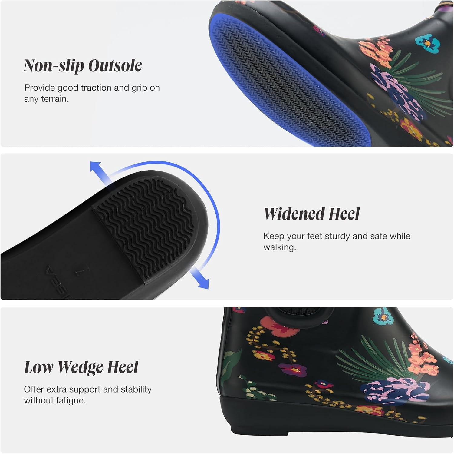 image:imageHISEA Rubber Rain Boots for Women Slim Fit Waterproof Chelsea Rain Boots Short Ankle Garden Shoes Wedge Heel AntiSlipping Rainboots Fashion Outdoor Work Booties for Gardening Farming Commuting WalkingBlack Floral