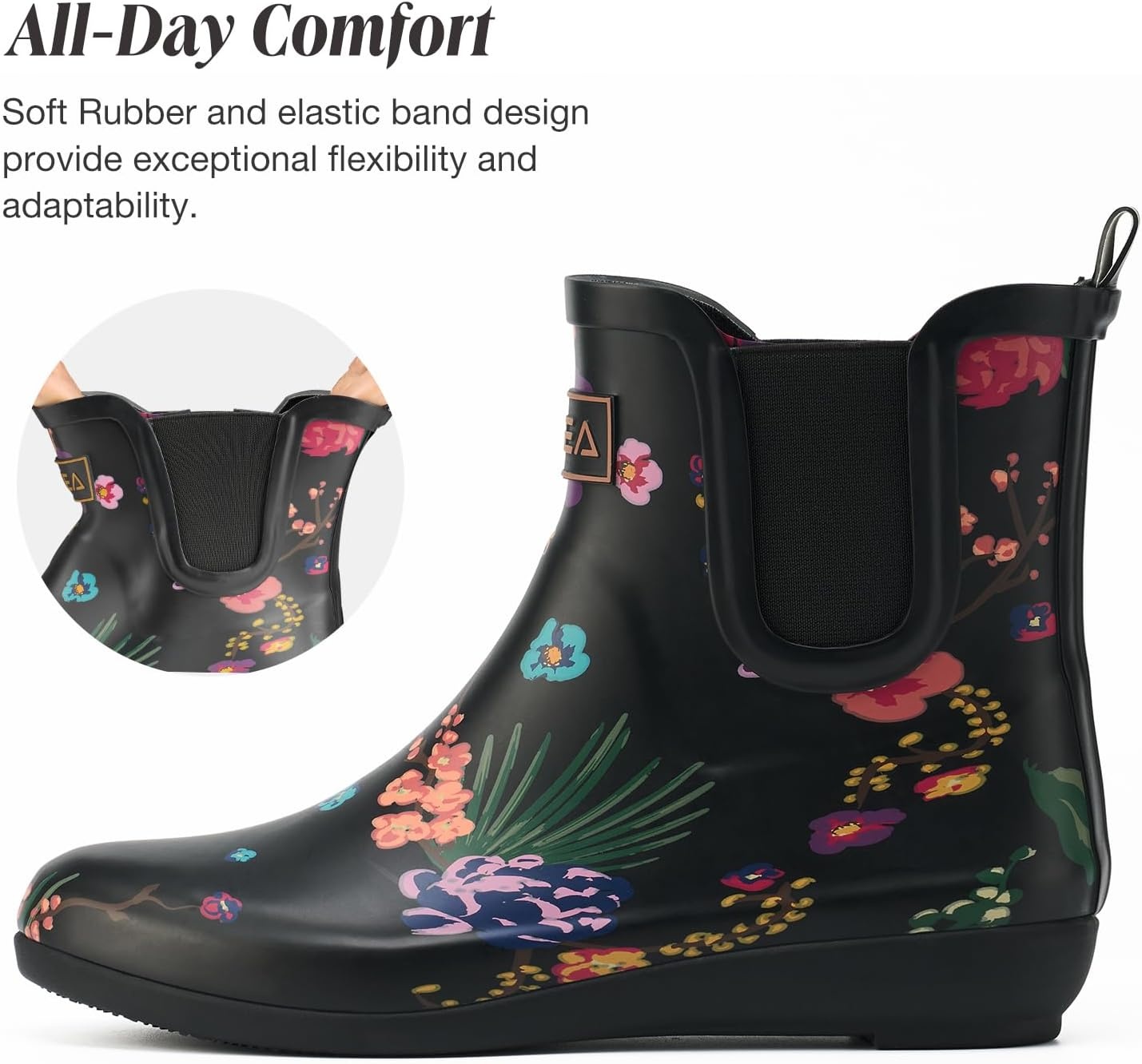image:imageHISEA Rubber Rain Boots for Women Slim Fit Waterproof Chelsea Rain Boots Short Ankle Garden Shoes Wedge Heel AntiSlipping Rainboots Fashion Outdoor Work Booties for Gardening Farming Commuting WalkingBlack Floral