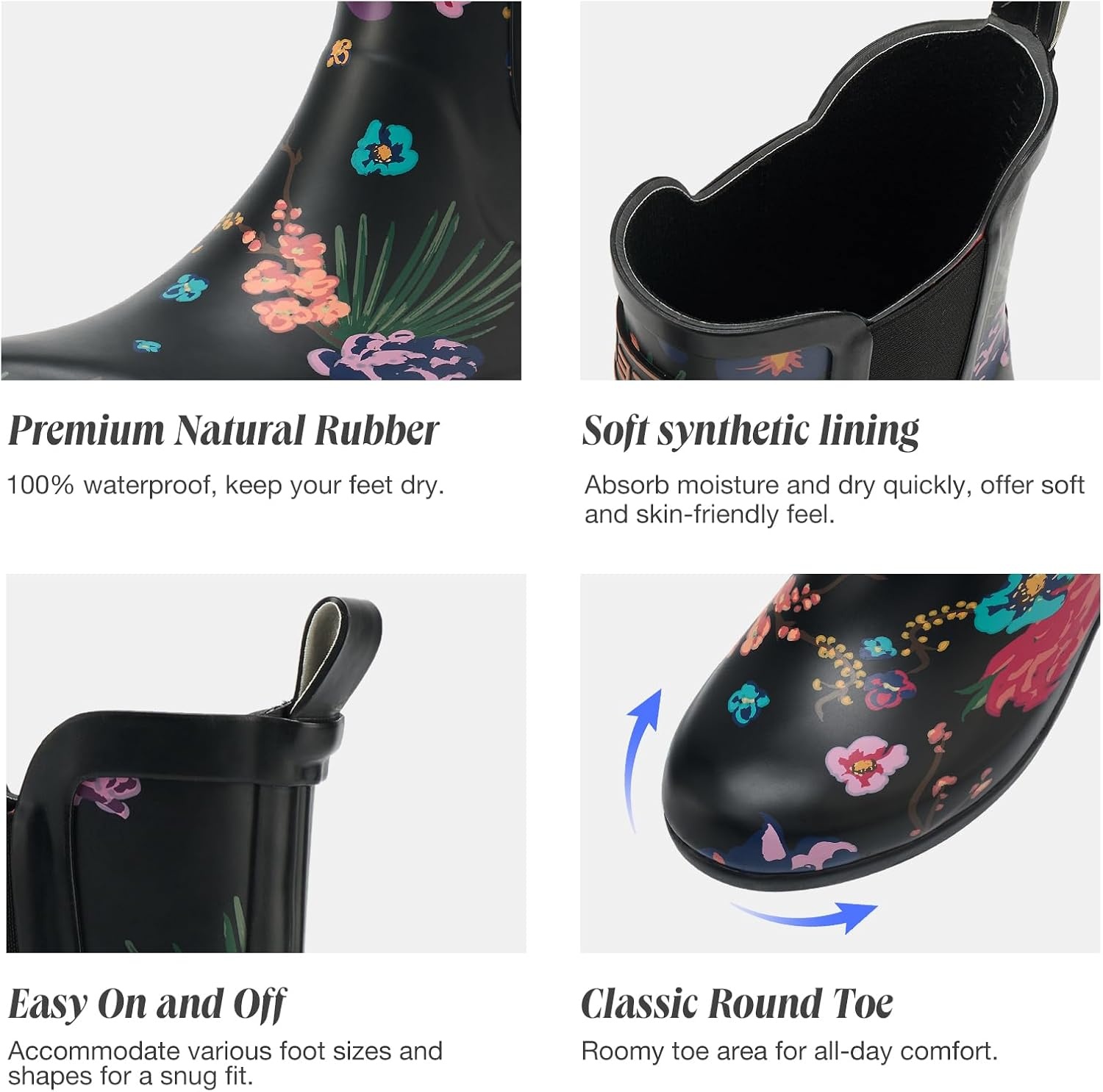 image:imageHISEA Rubber Rain Boots for Women Slim Fit Waterproof Chelsea Rain Boots Short Ankle Garden Shoes Wedge Heel AntiSlipping Rainboots Fashion Outdoor Work Booties for Gardening Farming Commuting WalkingBlack Floral