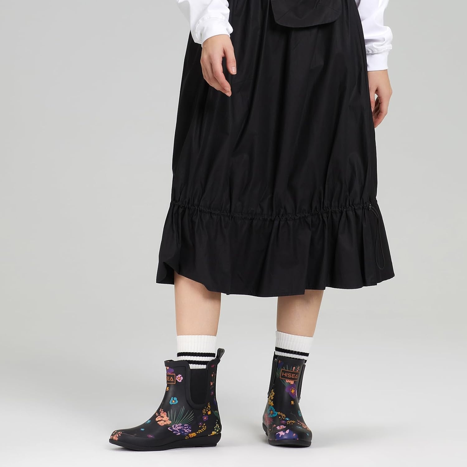 image:imageHISEA Rubber Rain Boots for Women Slim Fit Waterproof Chelsea Rain Boots Short Ankle Garden Shoes Wedge Heel AntiSlipping Rainboots Fashion Outdoor Work Booties for Gardening Farming Commuting WalkingBlack Floral
