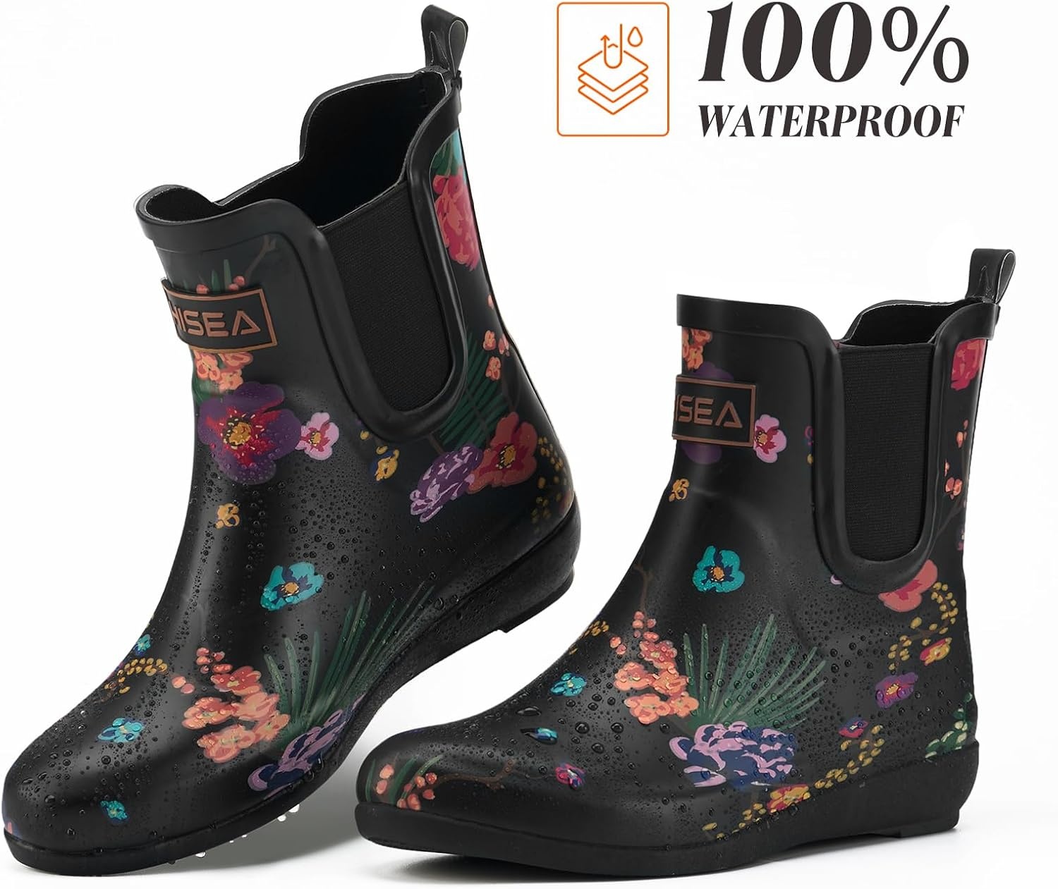 image:imageHISEA Rubber Rain Boots for Women Slim Fit Waterproof Chelsea Rain Boots Short Ankle Garden Shoes Wedge Heel AntiSlipping Rainboots Fashion Outdoor Work Booties for Gardening Farming Commuting WalkingBlack Floral