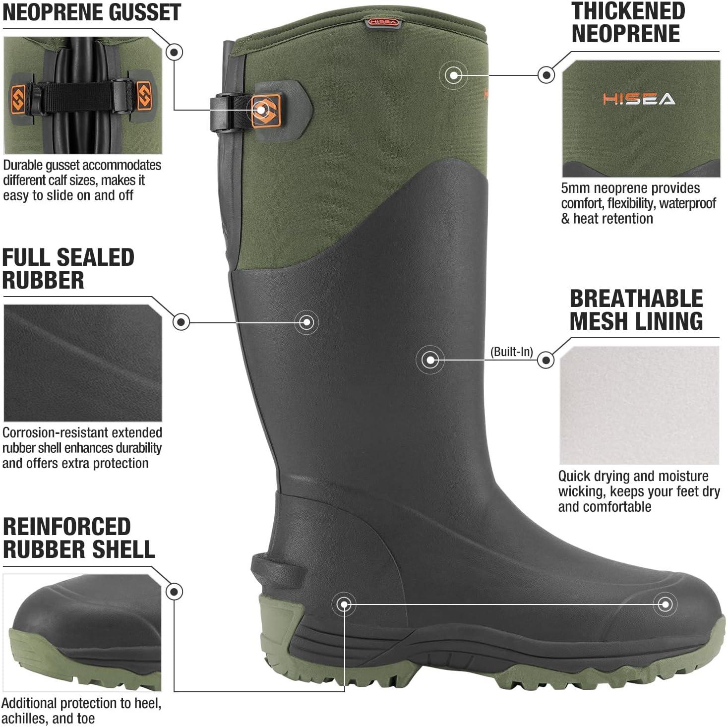 image:imageHISEA Rubber Work Boots for Men Waterproof Insulated Neoprene Hunting Boots with Adjustable Calf Durable AntiSlip Outdoor Mud Shoes for Gardening Farming Fishing Yard WorkingGreen