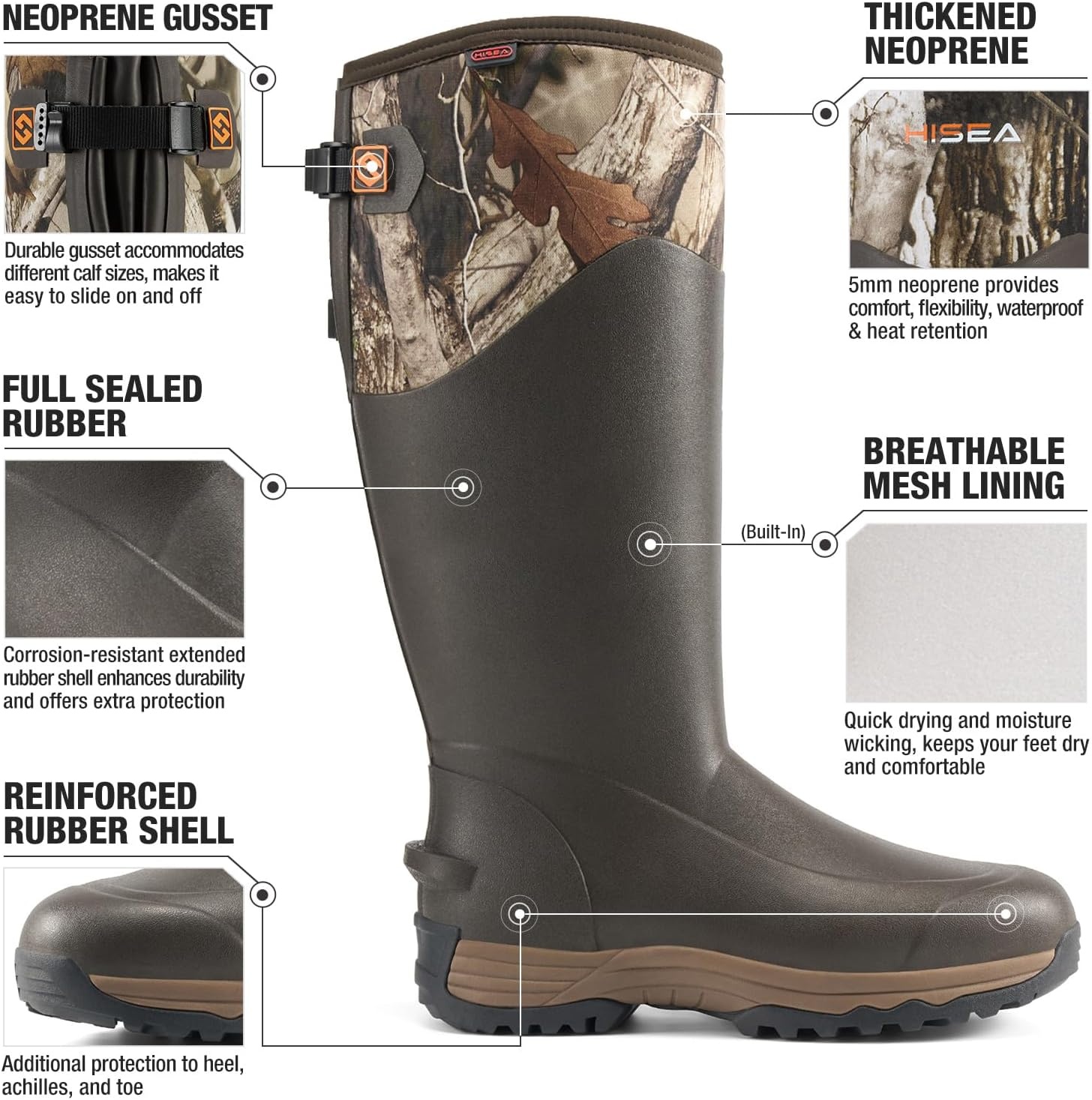 image:imageHISEA Rubber Work Boots for Men Waterproof Insulated Neoprene Hunting Boots with Adjustable Calf Durable AntiSlip Outdoor Mud Shoes for Gardening Farming Fishing Yard WorkingCamo