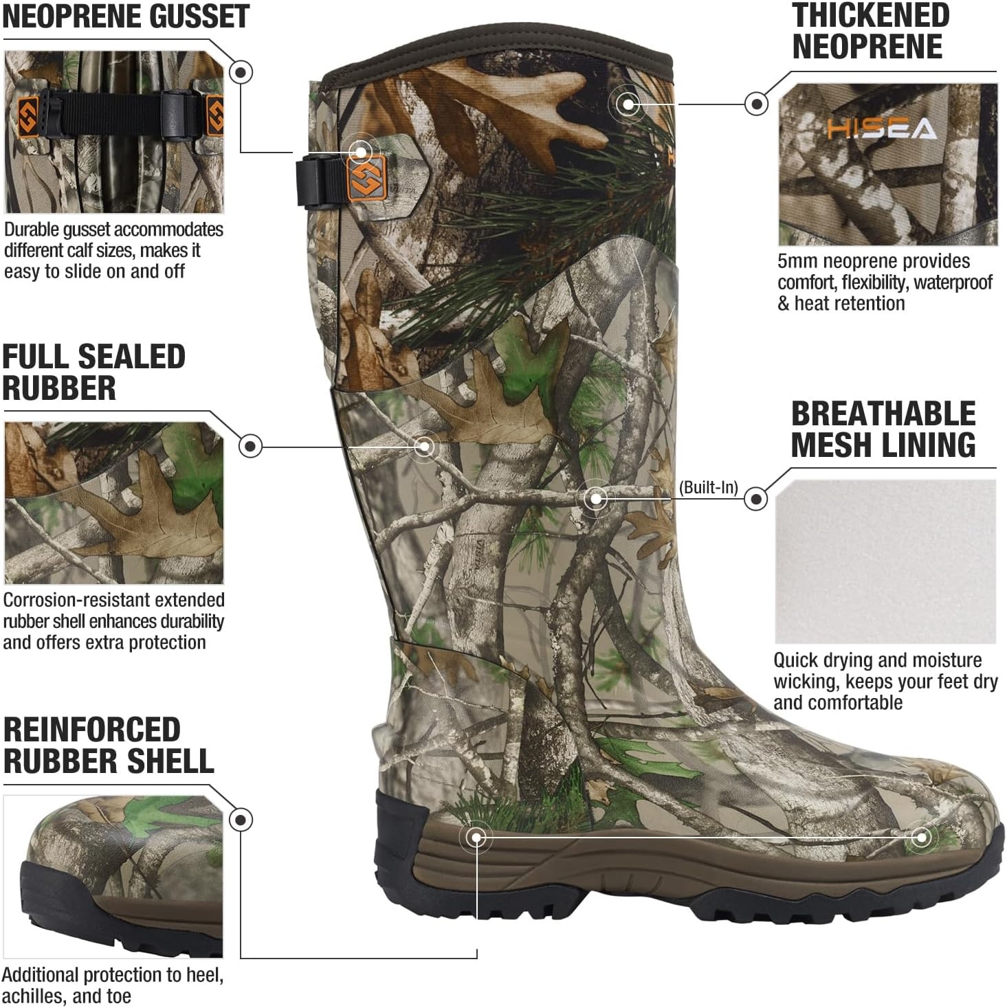 image:imageHISEA Rubber Work Boots for Men Waterproof Insulated Neoprene Hunting Boots with Adjustable Calf Durable AntiSlip Outdoor Mud Shoes for Gardening Farming Fishing Yard WorkingCamo Acu