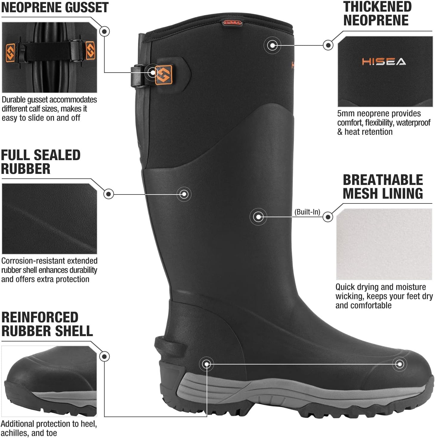 image:imageHISEA Rubber Work Boots for Men Waterproof Insulated Neoprene Hunting Boots with Adjustable Calf Durable AntiSlip Outdoor Mud Shoes for Gardening Farming Fishing Yard WorkingBlack