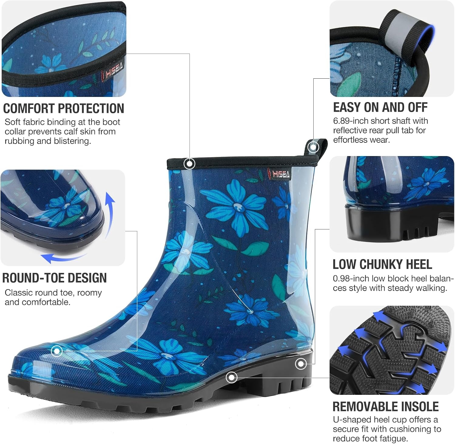 image:imageHISEA Short Rain Boots for Women Waterproof Womens Ankle Rubber Boots Outdoor Garden Shoes for Ladies Non Slip Work with Comfort InsoleBlue Flower