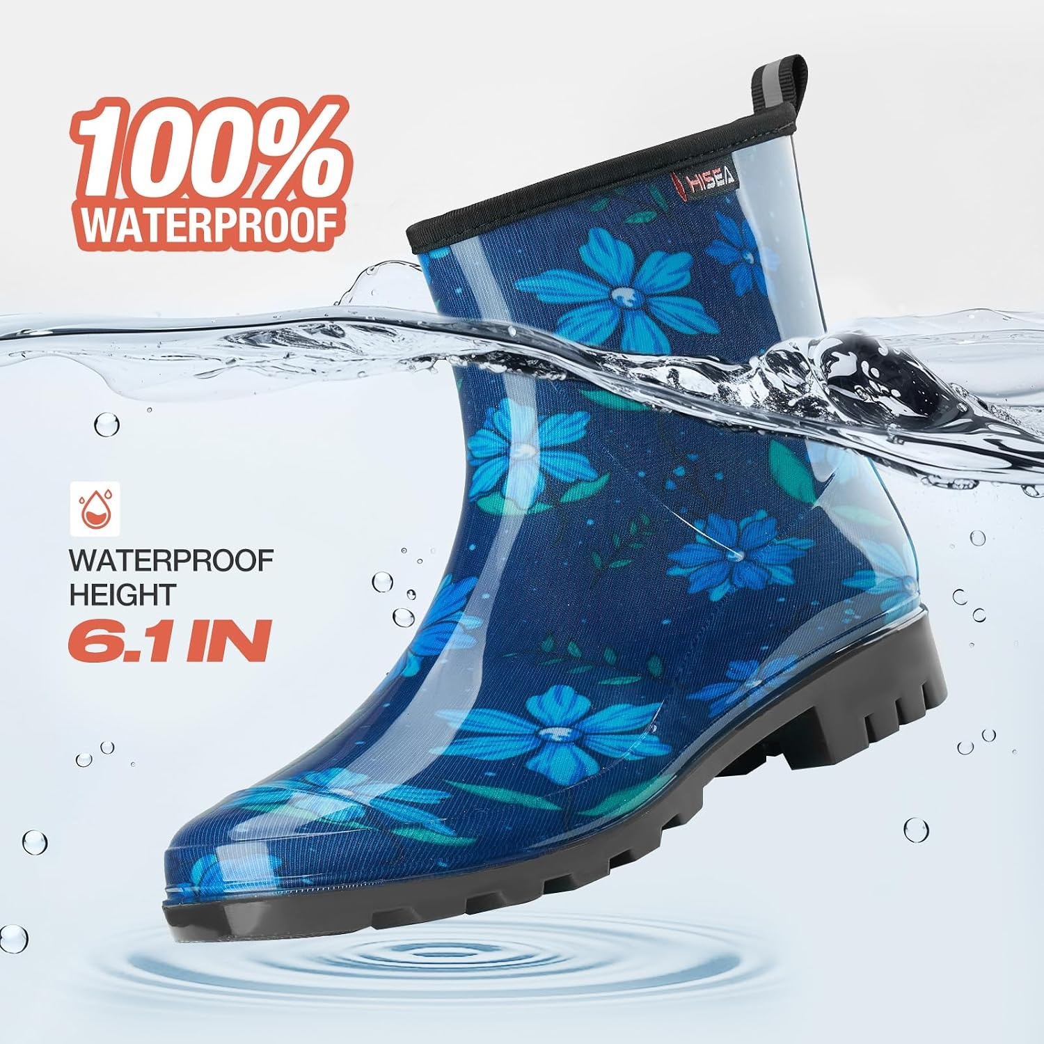 image:imageHISEA Short Rain Boots for Women Waterproof Womens Ankle Rubber Boots Outdoor Garden Shoes for Ladies Non Slip Work with Comfort InsoleBlue Flower