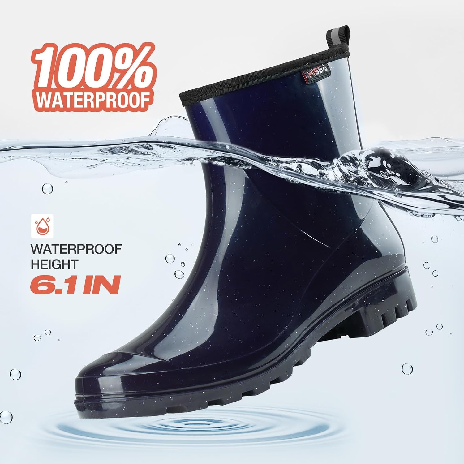 image:imageHISEA Short Rain Boots for Women Waterproof Womens Ankle Rubber Boots Outdoor Garden Shoes for Ladies Non Slip Work with Comfort InsoleGlitter Navy Blue