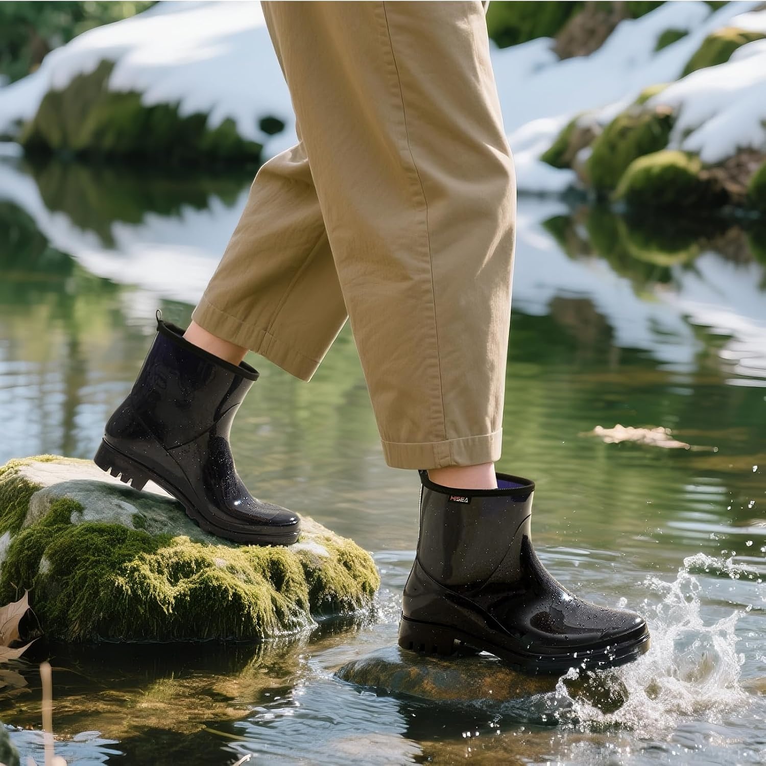 image:imageHISEA Short Rain Boots for Women Waterproof Womens Ankle Rubber Boots Outdoor Garden Shoes for Ladies Non Slip Work with Comfort InsoleGlitter Navy Blue