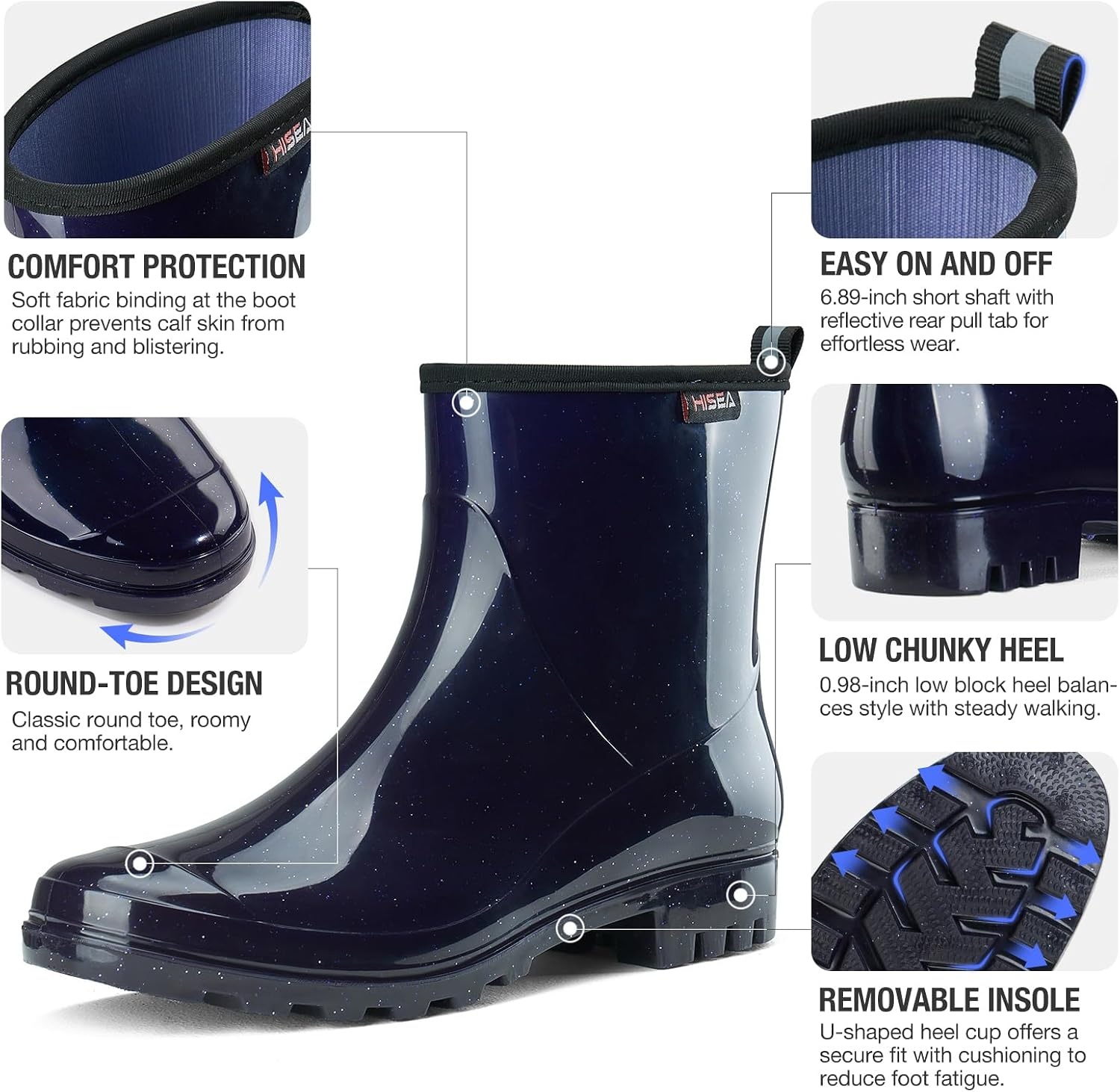 image:imageHISEA Short Rain Boots for Women Waterproof Womens Ankle Rubber Boots Outdoor Garden Shoes for Ladies Non Slip Work with Comfort InsoleGlitter Navy Blue