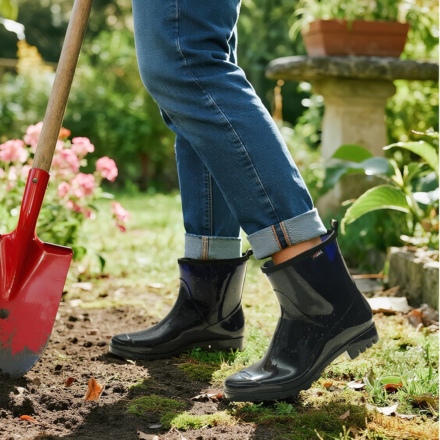 image:imageHISEA Short Rain Boots for Women Waterproof Womens Ankle Rubber Boots Outdoor Garden Shoes for Ladies Non Slip Work with Comfort InsoleGlitter Navy Blue