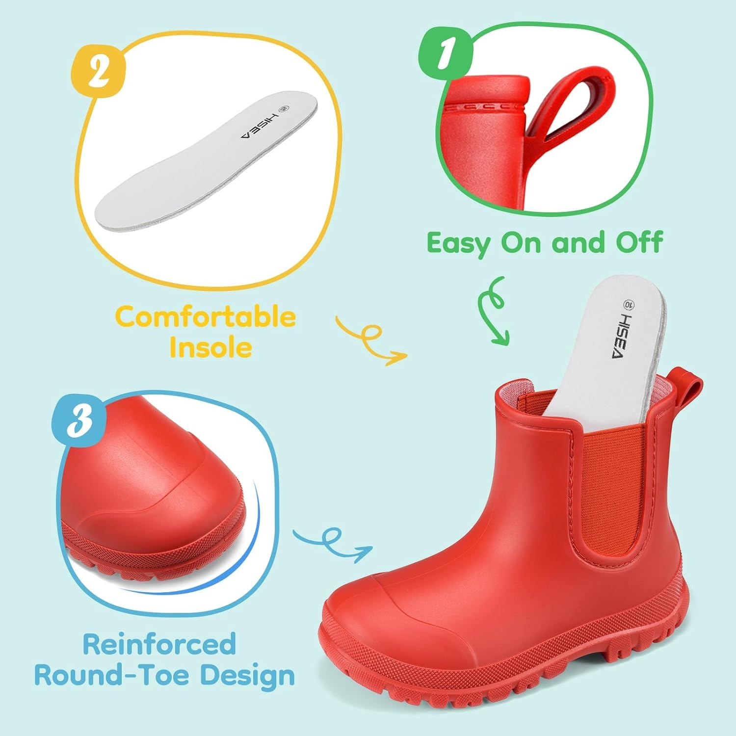 image:imageHISEA Toddler Rain Boots for Boys Girls Kids Short Rubber Boots Waterproof Lightweight with Nonslip OutsoleRed