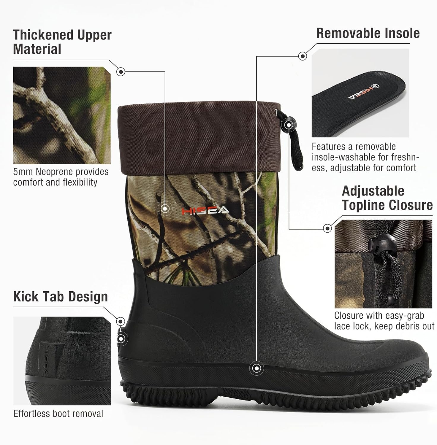 image:imageHISEA Upgraded Garden Boots for Men Mud Resistant Outdoor Work Boots Mens Waterproof Neoprene Rubber Insulated Rain Shoes Ankle High RainbootsCamo
