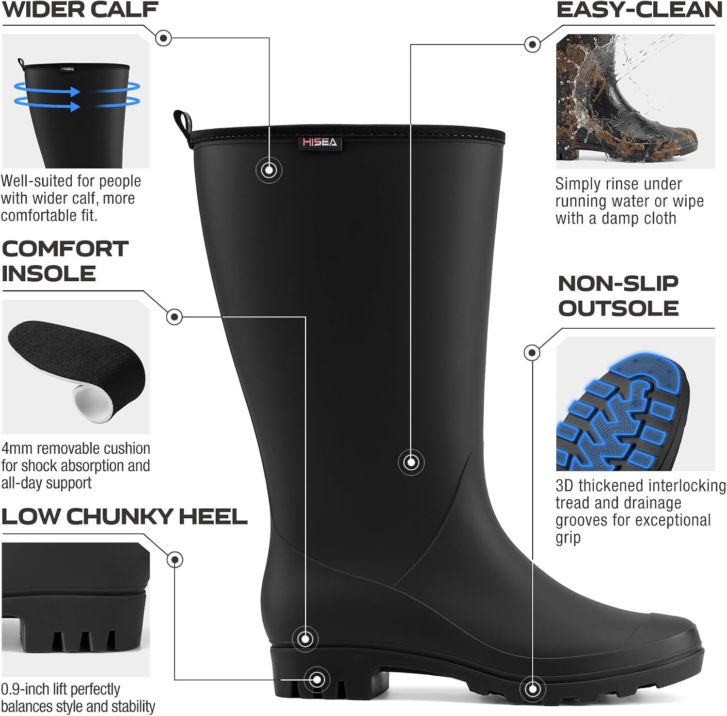 image:imageHISEA Wide Calf Rubber Boots Tall Rain Boots Seamless Matte Surface Waterproof PVC Rainboots for Women Gardening Farming Walking Dogs Womens Rain FootwearBlack