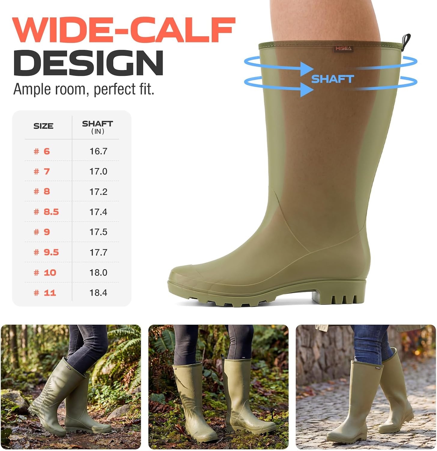 image:imageHISEA Wide Calf Rubber Boots Tall Rain Boots Seamless Matte Surface Waterproof PVC Rainboots for Women Gardening Farming Walking Dogs Womens Rain FootwearOlive Green