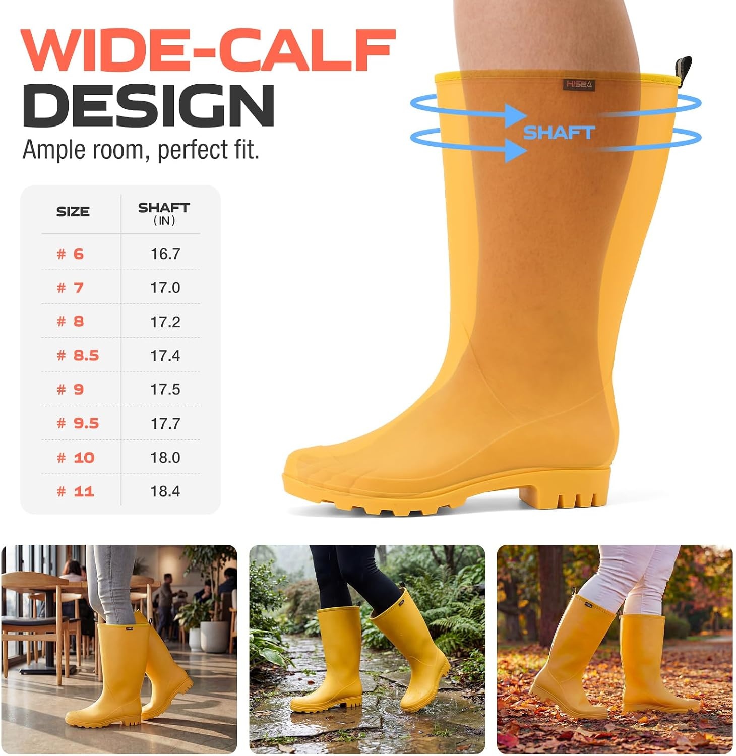 image:imageHISEA Wide Calf Rubber Boots Tall Rain Boots Seamless Matte Surface Waterproof PVC Rainboots for Women Gardening Farming Walking Dogs Womens Rain FootwearYellow