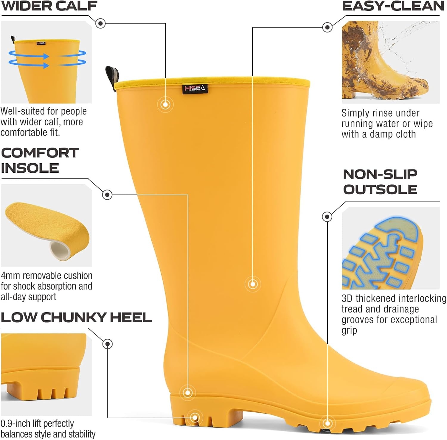 image:imageHISEA Wide Calf Rubber Boots Tall Rain Boots Seamless Matte Surface Waterproof PVC Rainboots for Women Gardening Farming Walking Dogs Womens Rain FootwearYellow