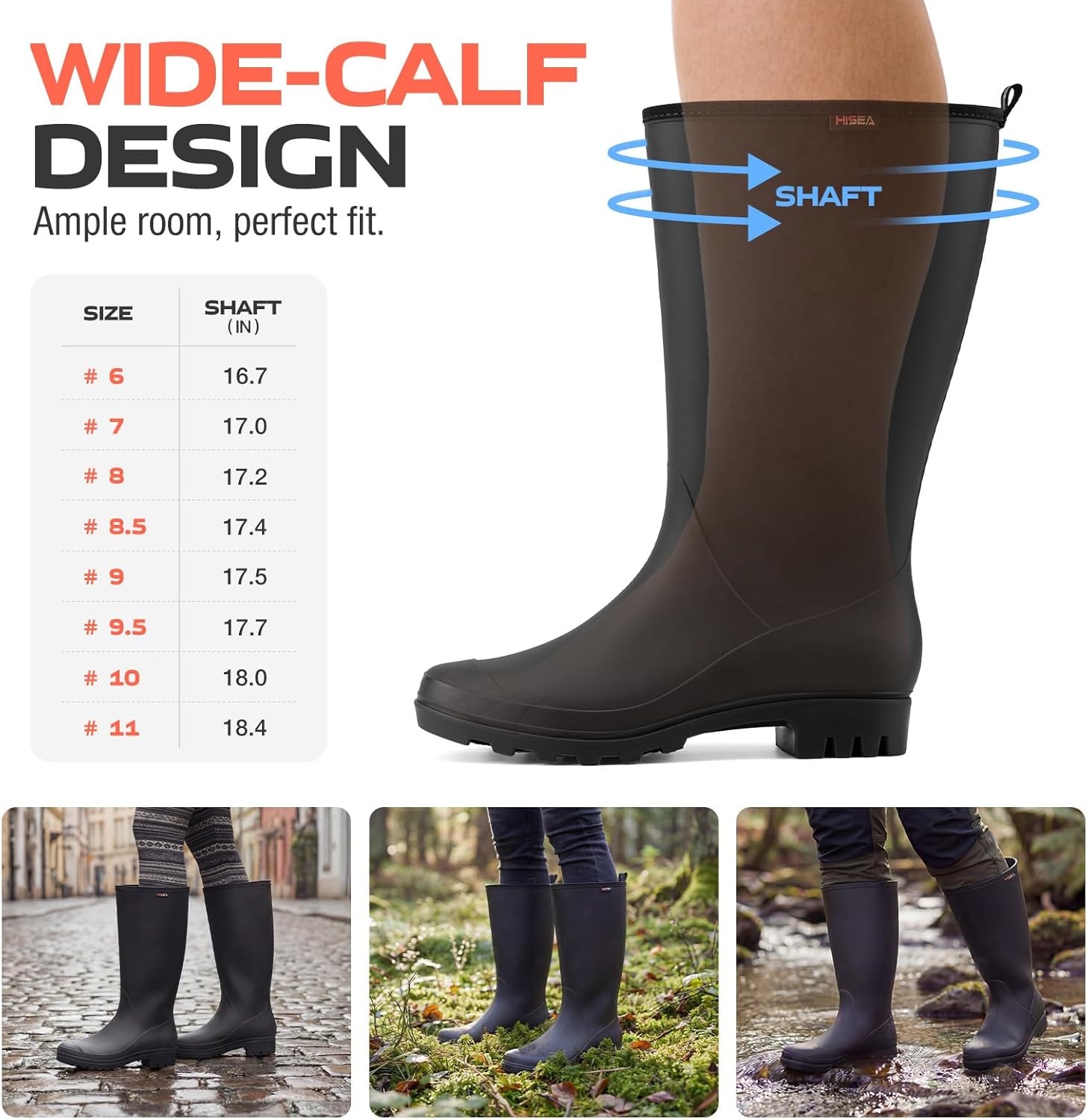 image:imageHISEA Wide Calf Rubber Boots Tall Rain Boots Seamless Matte Surface Waterproof PVC Rainboots for Women Gardening Farming Walking Dogs Womens Rain FootwearBlack