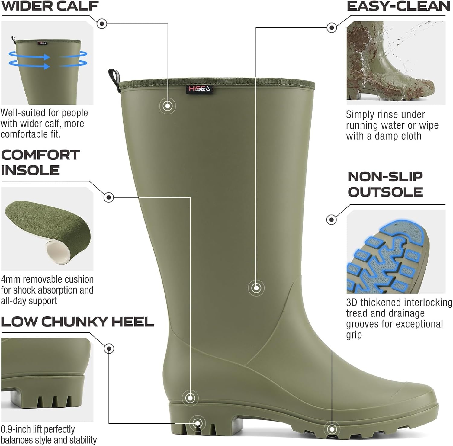 image:imageHISEA Wide Calf Rubber Boots Tall Rain Boots Seamless Matte Surface Waterproof PVC Rainboots for Women Gardening Farming Walking Dogs Womens Rain FootwearOlive Green