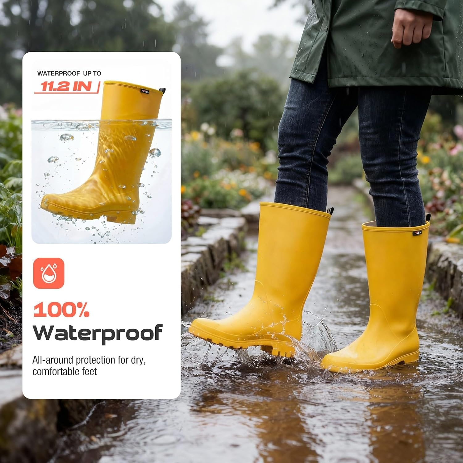 image:imageHISEA Wide Calf Rubber Boots Tall Rain Boots Seamless Matte Surface Waterproof PVC Rainboots for Women Gardening Farming Walking Dogs Womens Rain FootwearYellow