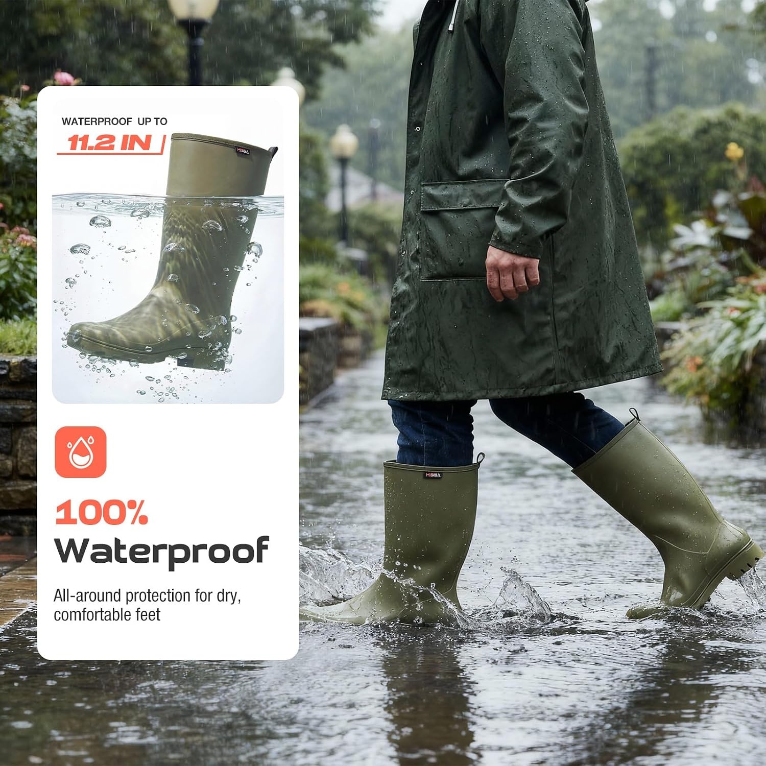 image:imageHISEA Wide Calf Rubber Boots Tall Rain Boots Seamless Matte Surface Waterproof PVC Rainboots for Women Gardening Farming Walking Dogs Womens Rain FootwearOlive Green